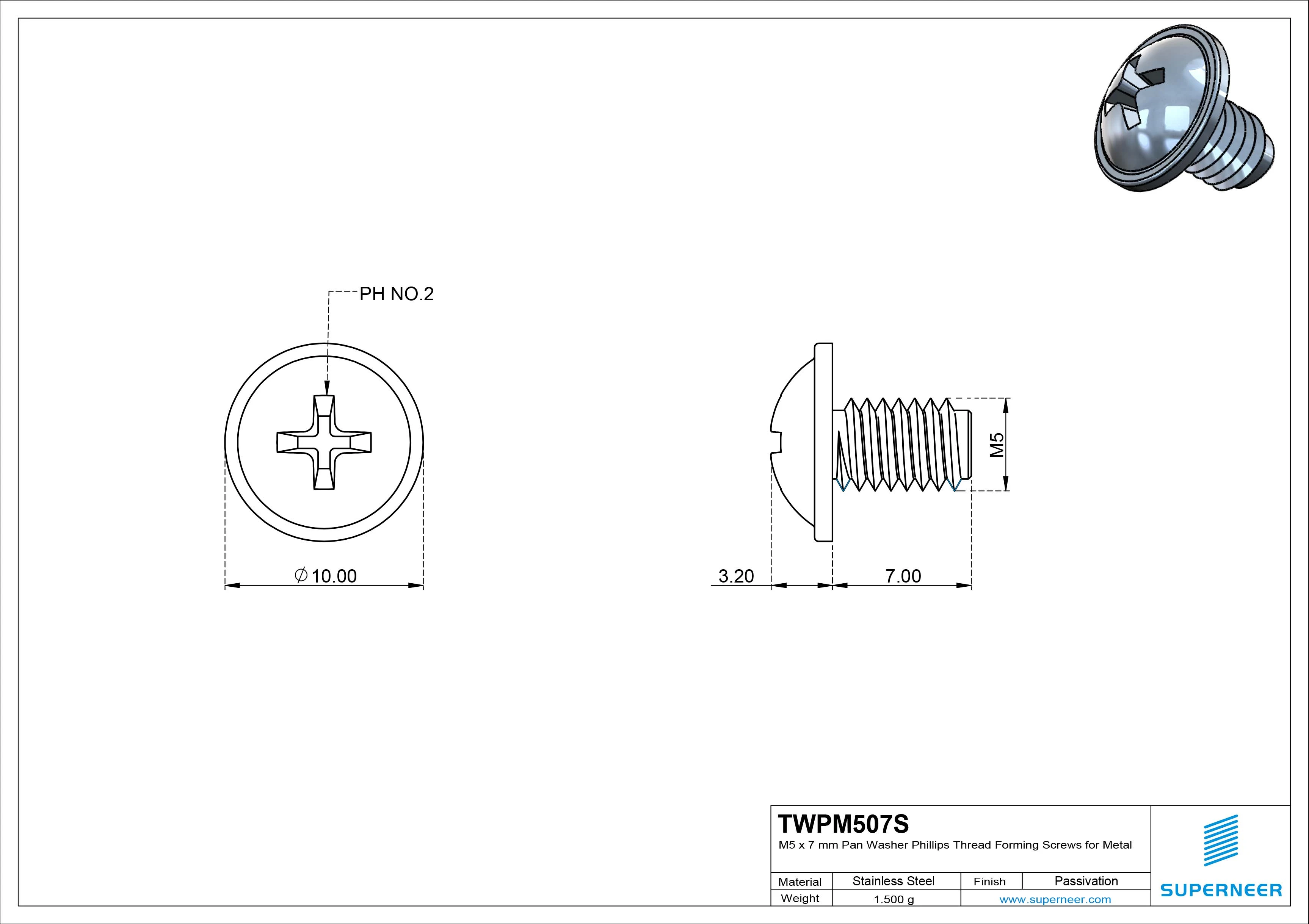 M5 &times; 7mm Pan Washer Phillips Thread Forming Screws for Metal SUS304 Stainless Steel Inox