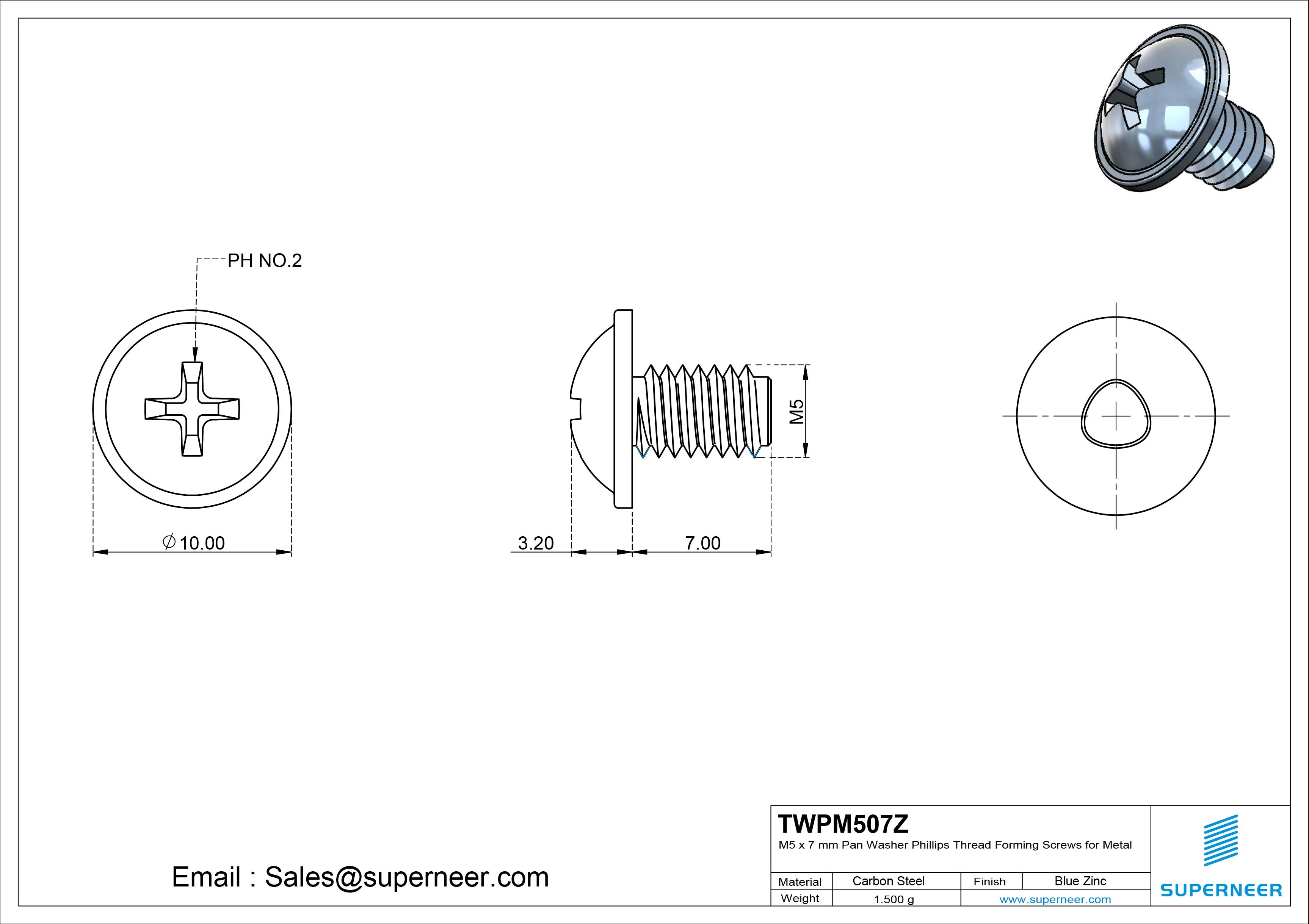 M5 &times; 7mm Pan Washer Phillips Thread Forming Screws for Metal Steel Blue Zinc Plated