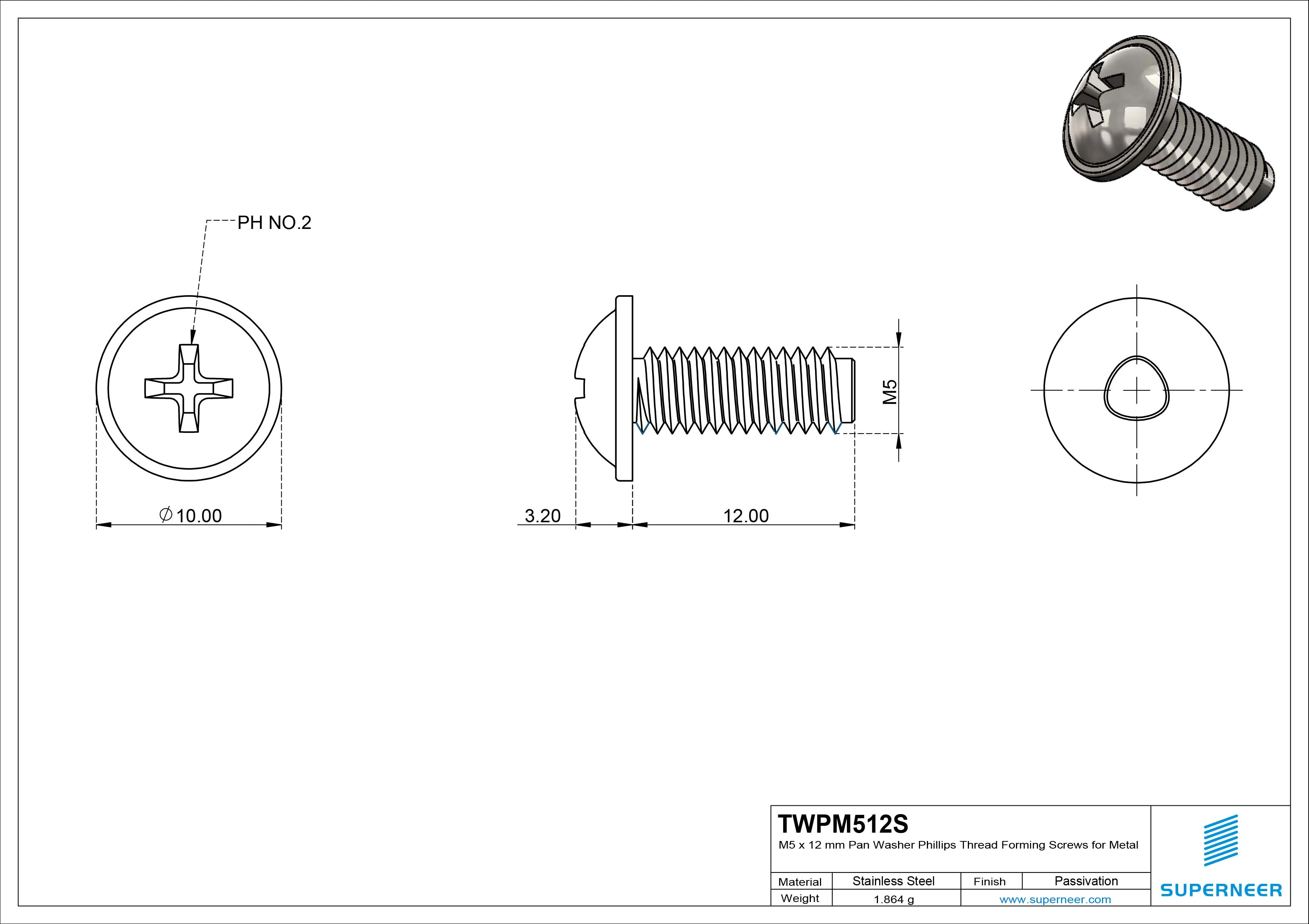 M5 &times; 12mm Pan Washer Phillips Thread Forming Screws for Metal SUS304 Stainless Steel Inox
