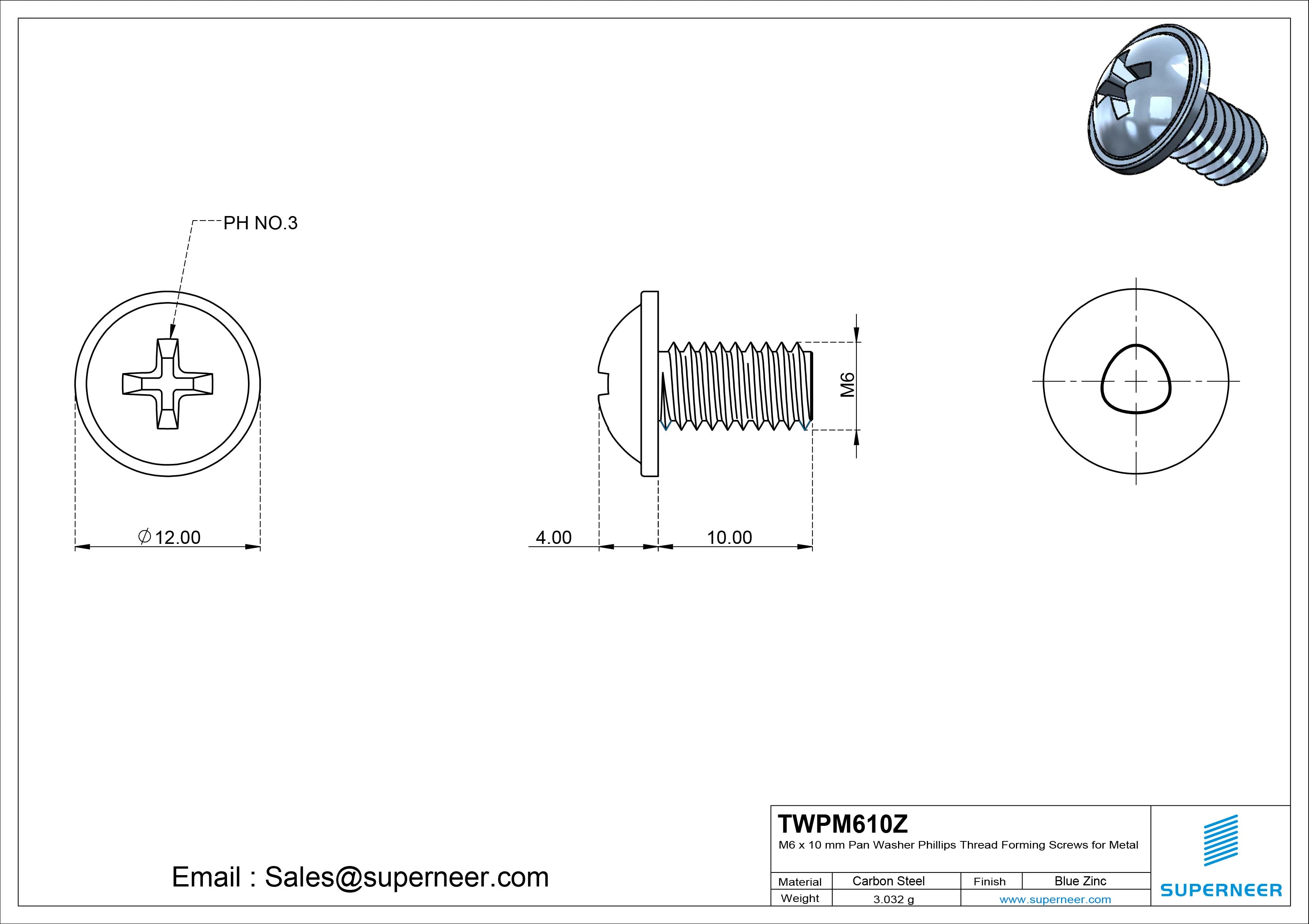 M6 &times; 10mm Pan Washer Phillips Thread Forming Screws for Metal Steel Blue Zinc Plated