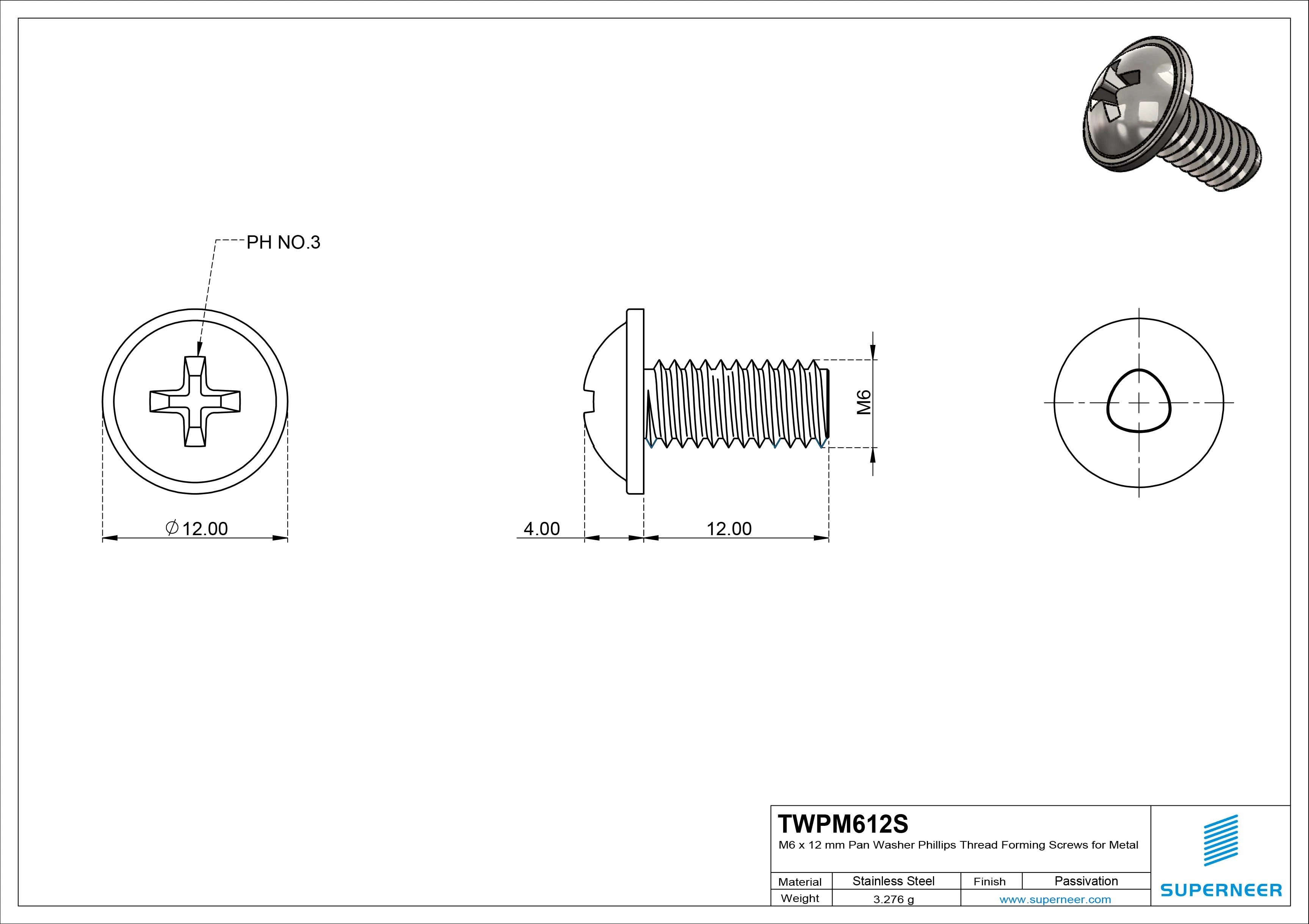 M6 &times; 12mm Pan Washer Phillips Thread Forming Screws for Metal SUS304 Stainless Steel Inox