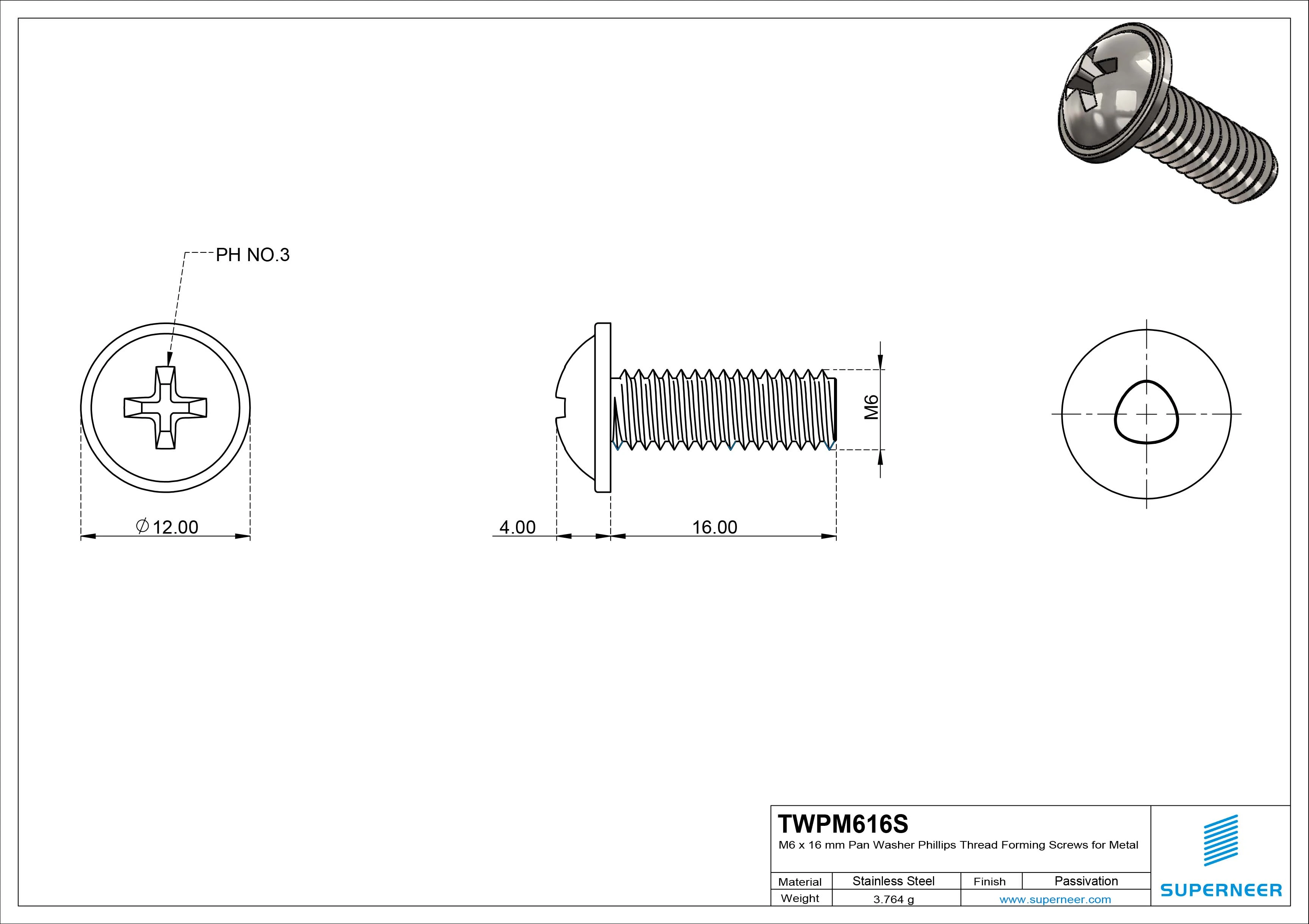 M6 &times; 16mm Pan Washer Phillips Thread Forming Screws for Metal SUS304 Stainless Steel Inox