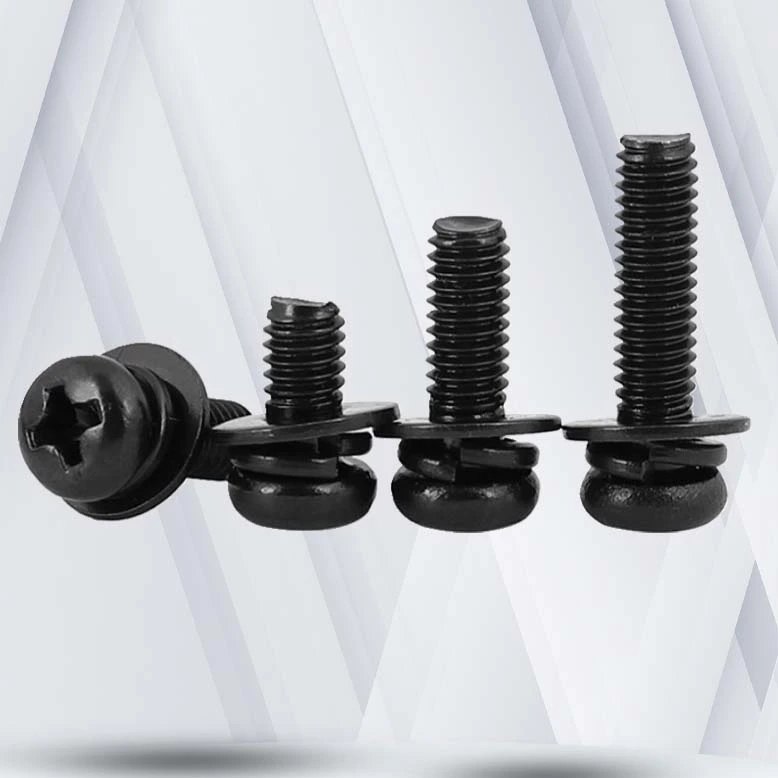 M4 x 9mm Pan Head Phillips SEMS Screws with Spring and Flat Washer Steel Black