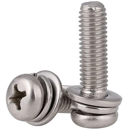 3-48 x 3/8" Pan Head Phillips SEMS Screws with Spring and Flat Washer SUS304 Stainless Steel Inox