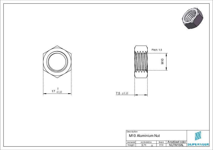 M10 Aluminium Hex Nut Anodized Color
