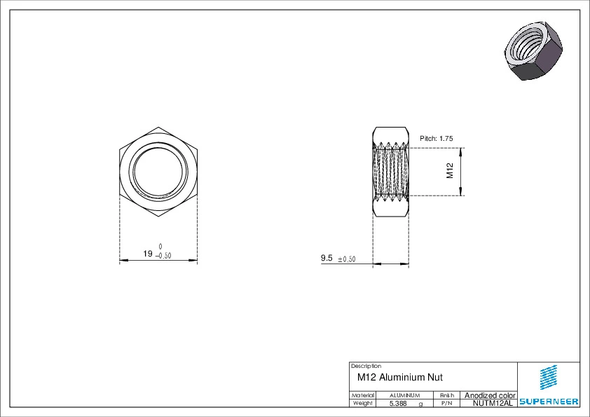 M12 Aluminium Hex Nut Anodized Color
