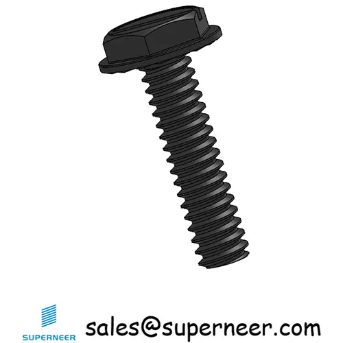 6-32 x 9/16“ Indented Hex Washer Serrated Head Slotted Machine Screw Steel Black