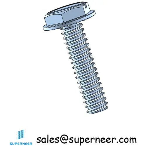 6-32 x 9/16“ Indented Hex Washer Serrated Head Slotted Machine Screw Steel Blue Zinc Plated