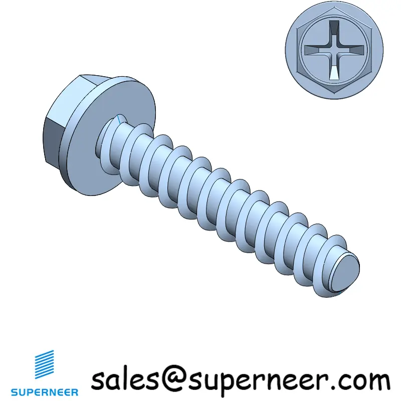 2 × 7/16" Hex Washer Head Phillips Thread Forming inch Screws for Plastic  Steel Blue Zinc Plated