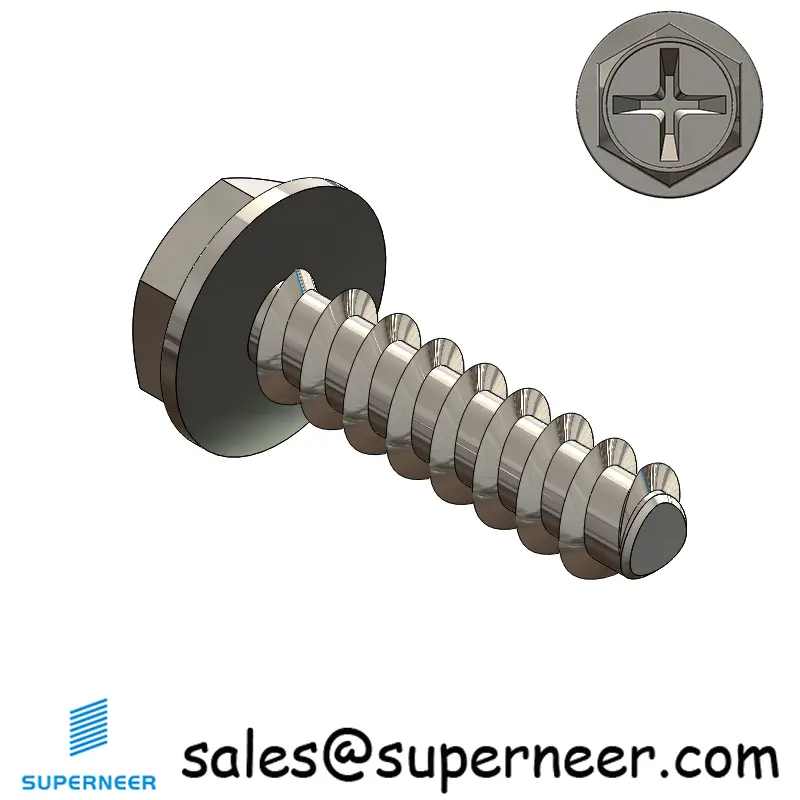 4 × 7/16" Hex Washer Head Phillips Thread Forming inch Screws for Plastic  SUS304 Stainless Steel Inox