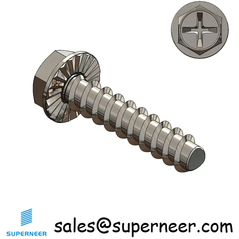 2 × 3/8" Hex Washer Serration Head Phillips Thread Forming inch Screws for Plastic  SUS304 Stainless Steel Inox