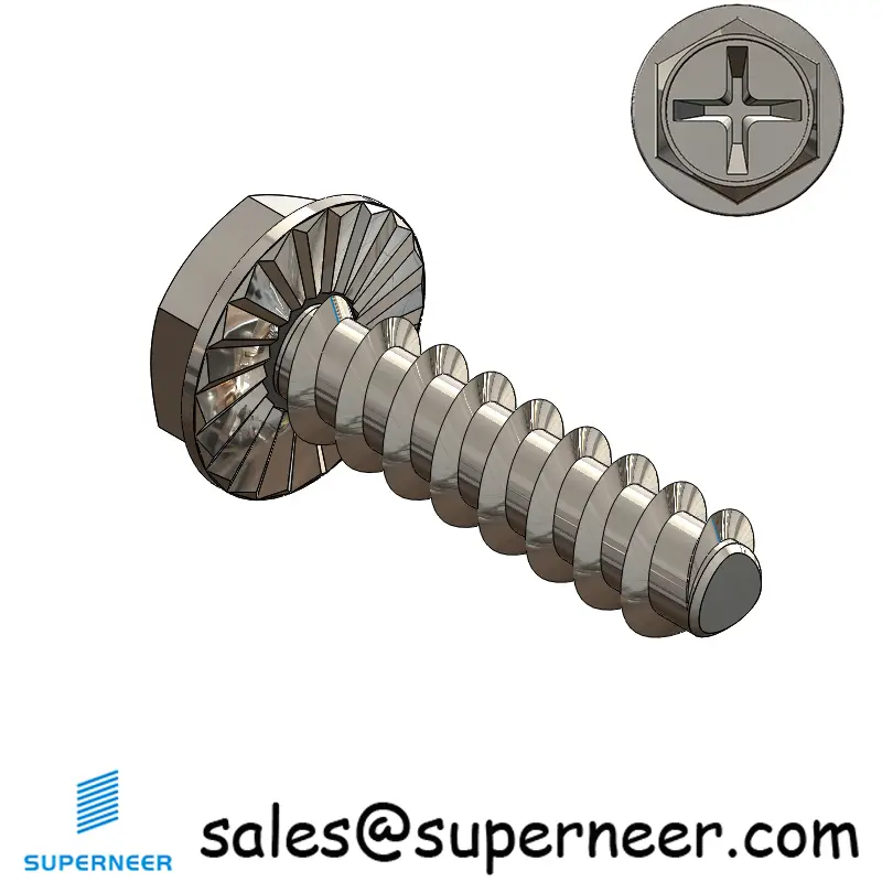 4 × 7/16" Hex Washer Serration Head Phillips Thread Forming inch Screws for Plastic  SUS304 Stainless Steel Inox