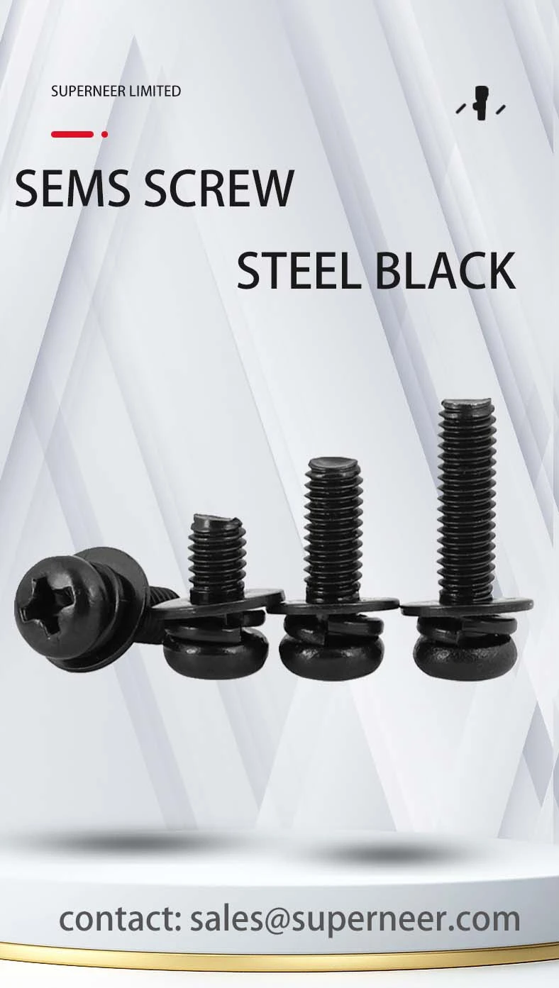 8-32 x 7/16" Pan Head Phillips SEMS Screws with Spring and Flat Washer Steel Black