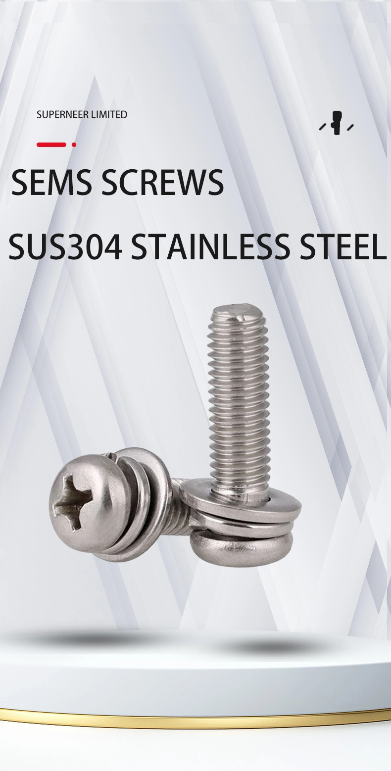 8-32 x 3/8" Pan Head Phillips SEMS Screws with Spring and Flat Washer SUS304 Stainless Steel Inox