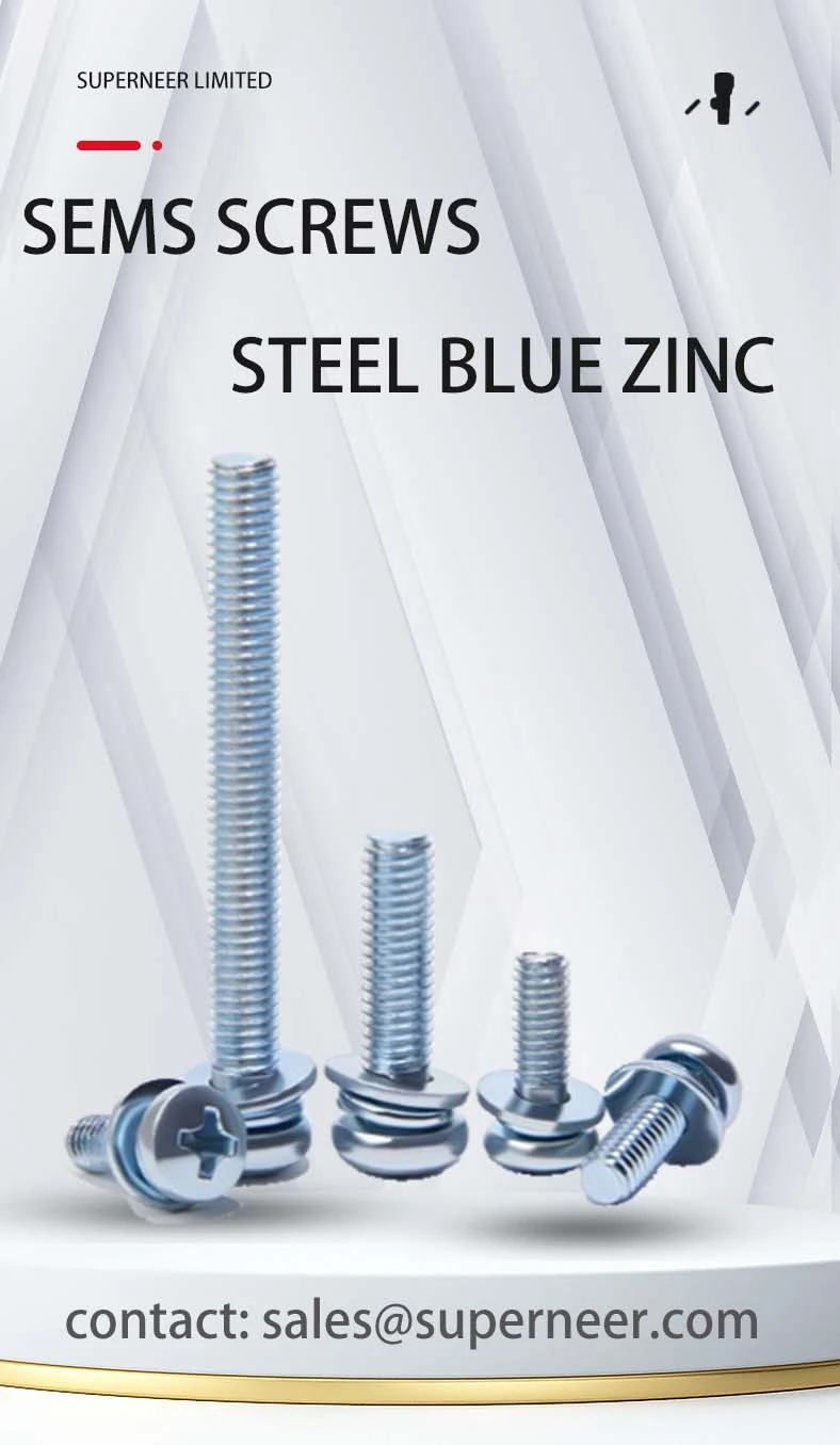 8-32 x 7/16" Pan Head Phillips SEMS Screws with Spring and Flat Washer Steel Blue Zinc Plated
