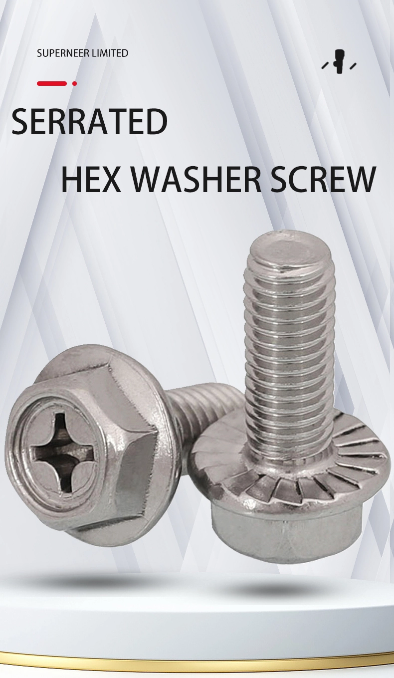 8-32 x 3/16" Indented Hex Washer Serrated Head Phillips Machine Screw SUS304 Stainless Steel Inox