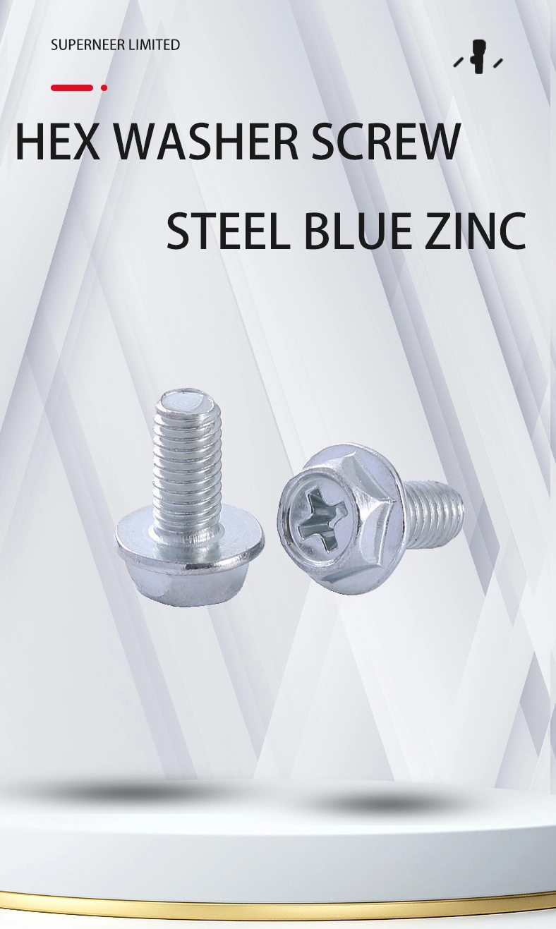 10-32 x 7/16&ldquo; Indented Hex Washer Head Phillips Machine Screw Steel Blue Zinc Plated