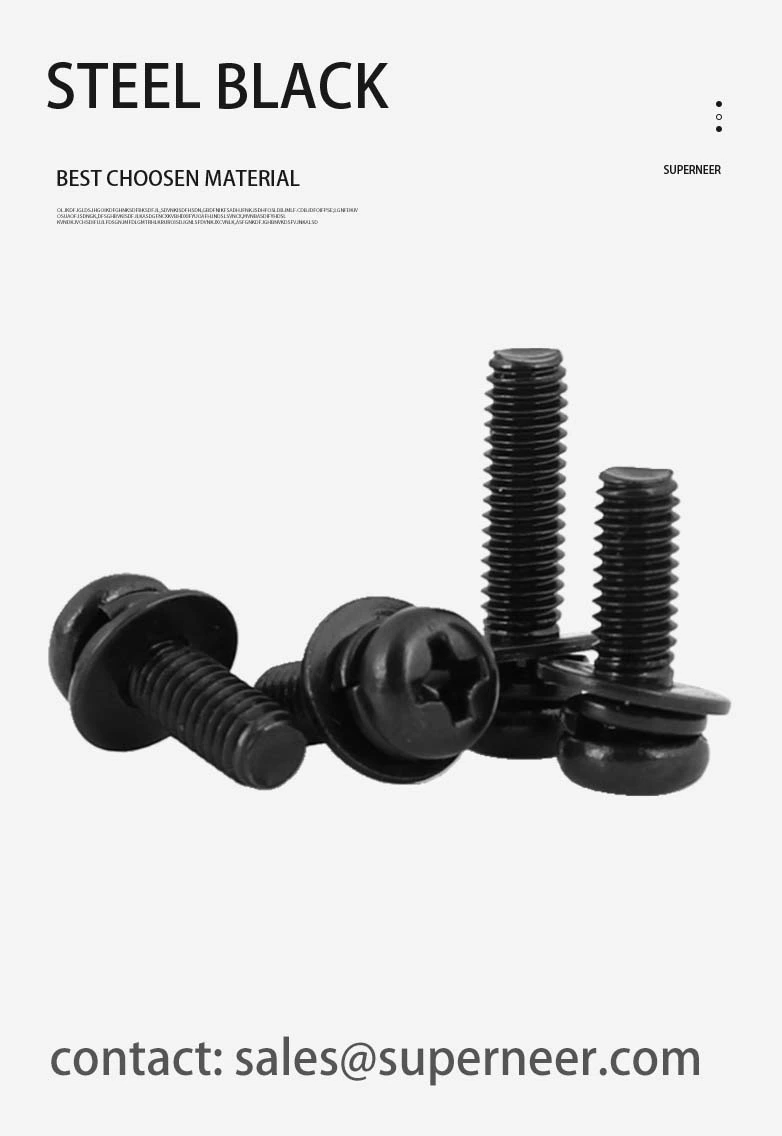 8-32 x 7/16" Pan Head Phillips SEMS Screws with Spring and Flat Washer Steel Black