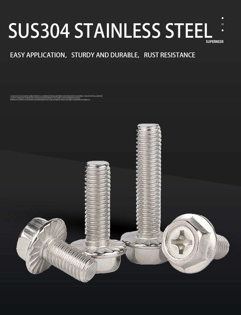 8-32 x 3/16" Indented Hex Washer Serrated Head Phillips Machine Screw SUS304 Stainless Steel Inox