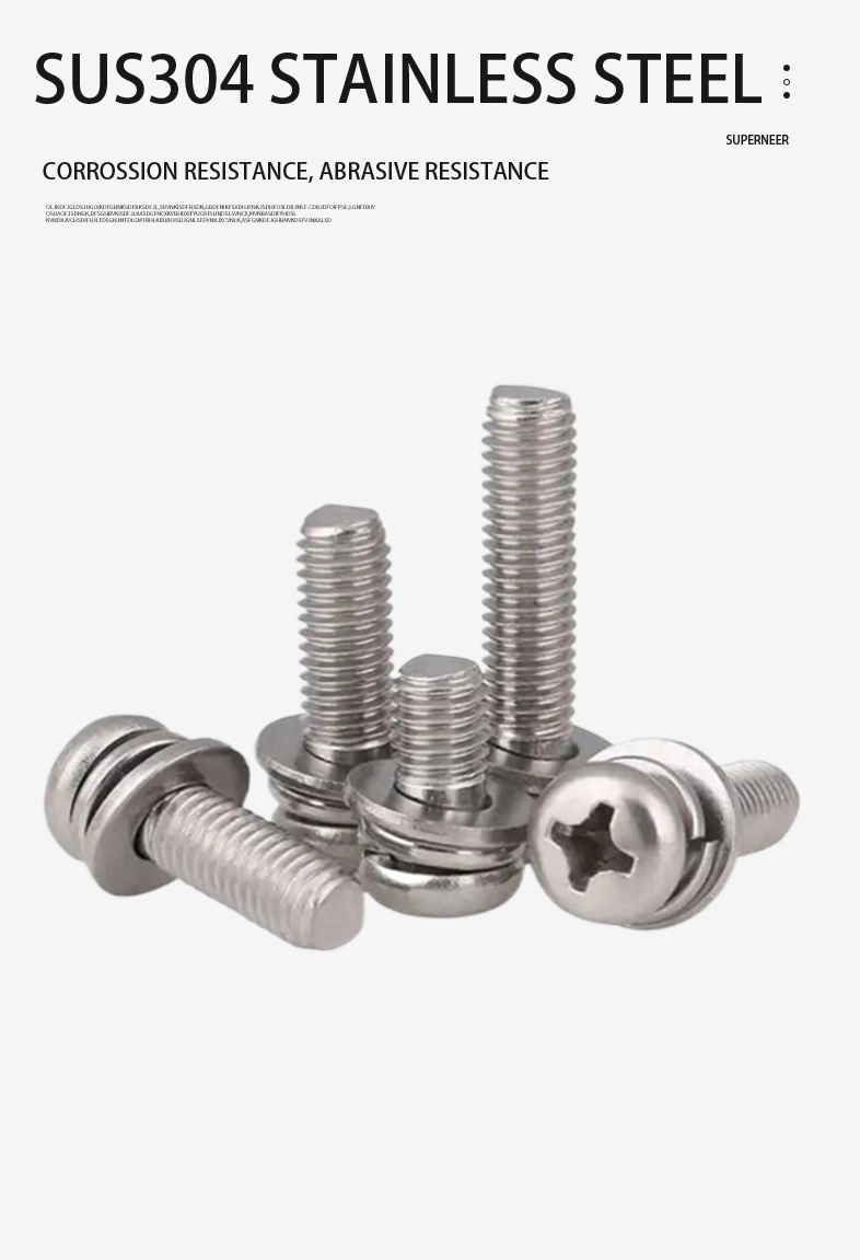 8-32 x 3/8" Pan Head Phillips SEMS Screws with Spring and Flat Washer SUS304 Stainless Steel Inox