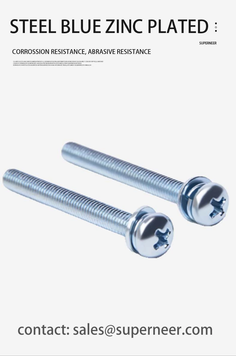8-32 x 7/16" Pan Head Phillips SEMS Screws with Spring and Flat Washer Steel Blue Zinc Plated