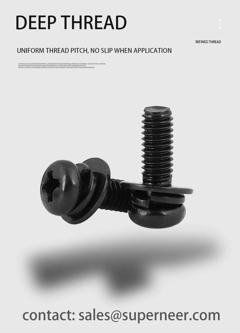8-32 x 7/16" Pan Head Phillips SEMS Screws with Spring and Flat Washer Steel Black