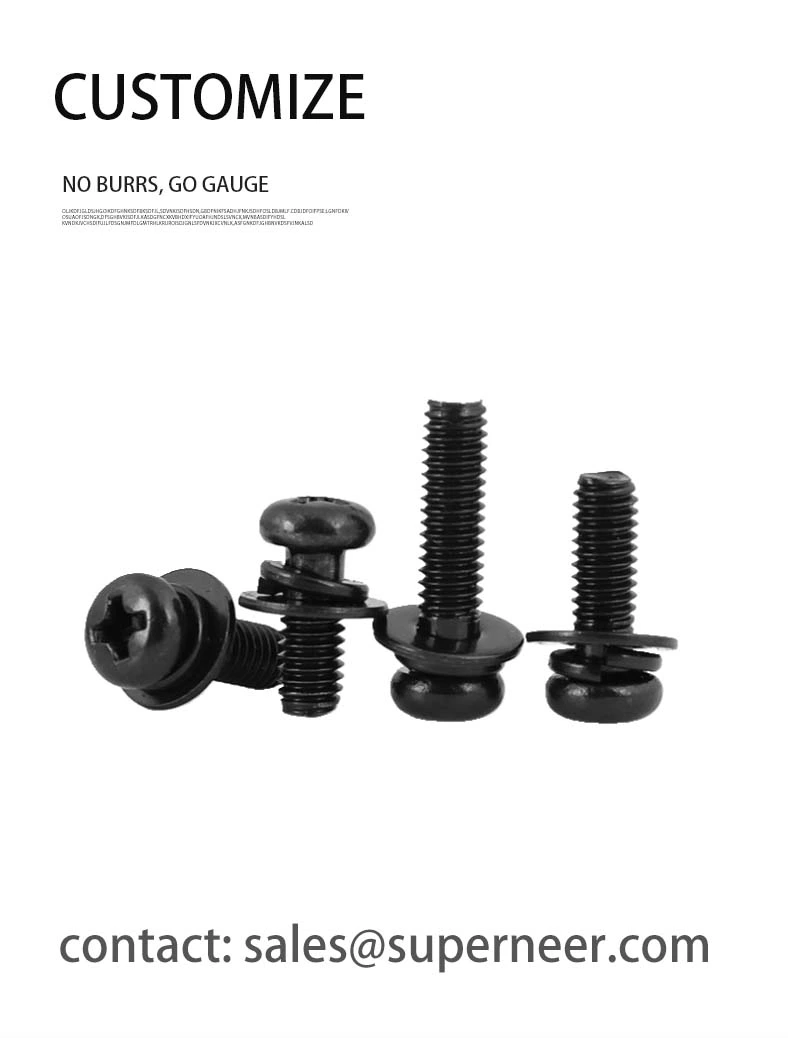8-32 x 7/16" Pan Head Phillips SEMS Screws with Spring and Flat Washer Steel Black