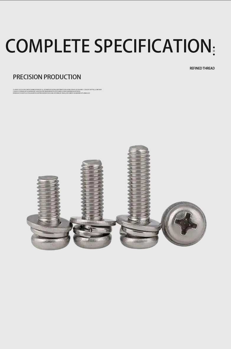 8-32 x 3/8" Pan Head Phillips SEMS Screws with Spring and Flat Washer SUS304 Stainless Steel Inox