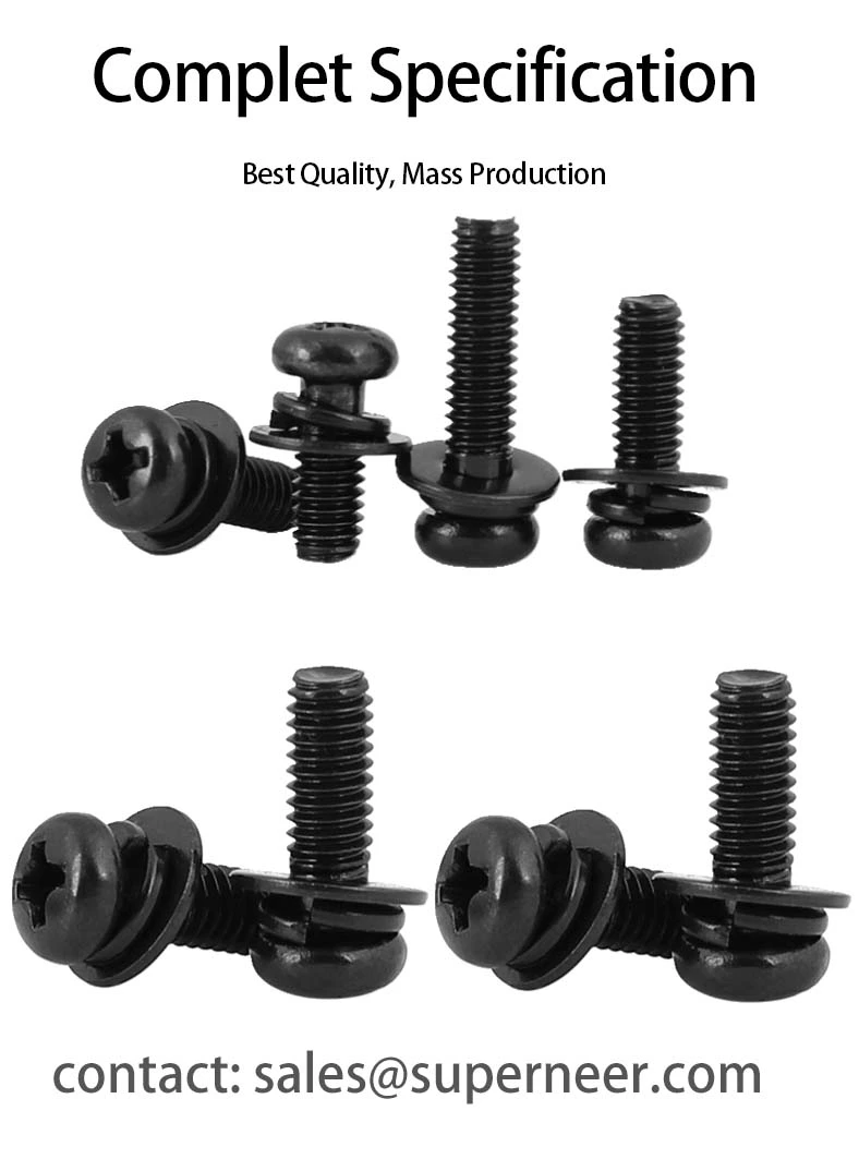 8-32 x 7/16" Pan Head Phillips SEMS Screws with Spring and Flat Washer Steel Black