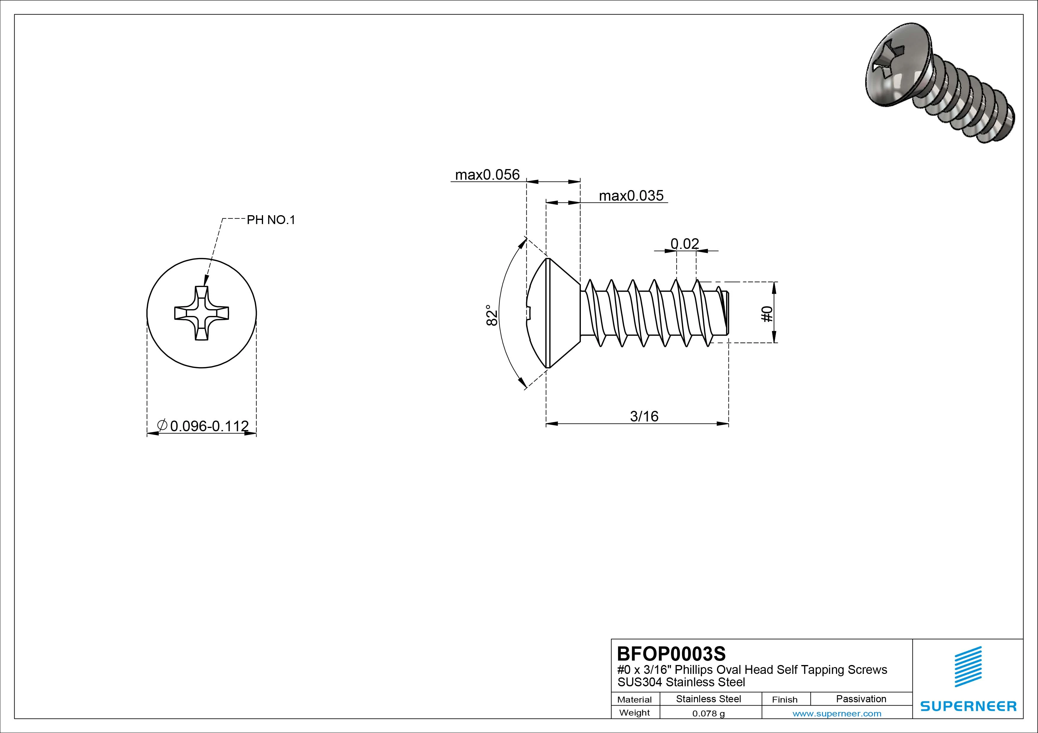 0 x 3/16" Phillips Oval Head Self Tapping Screws SUS304 Stainless Steel Inox