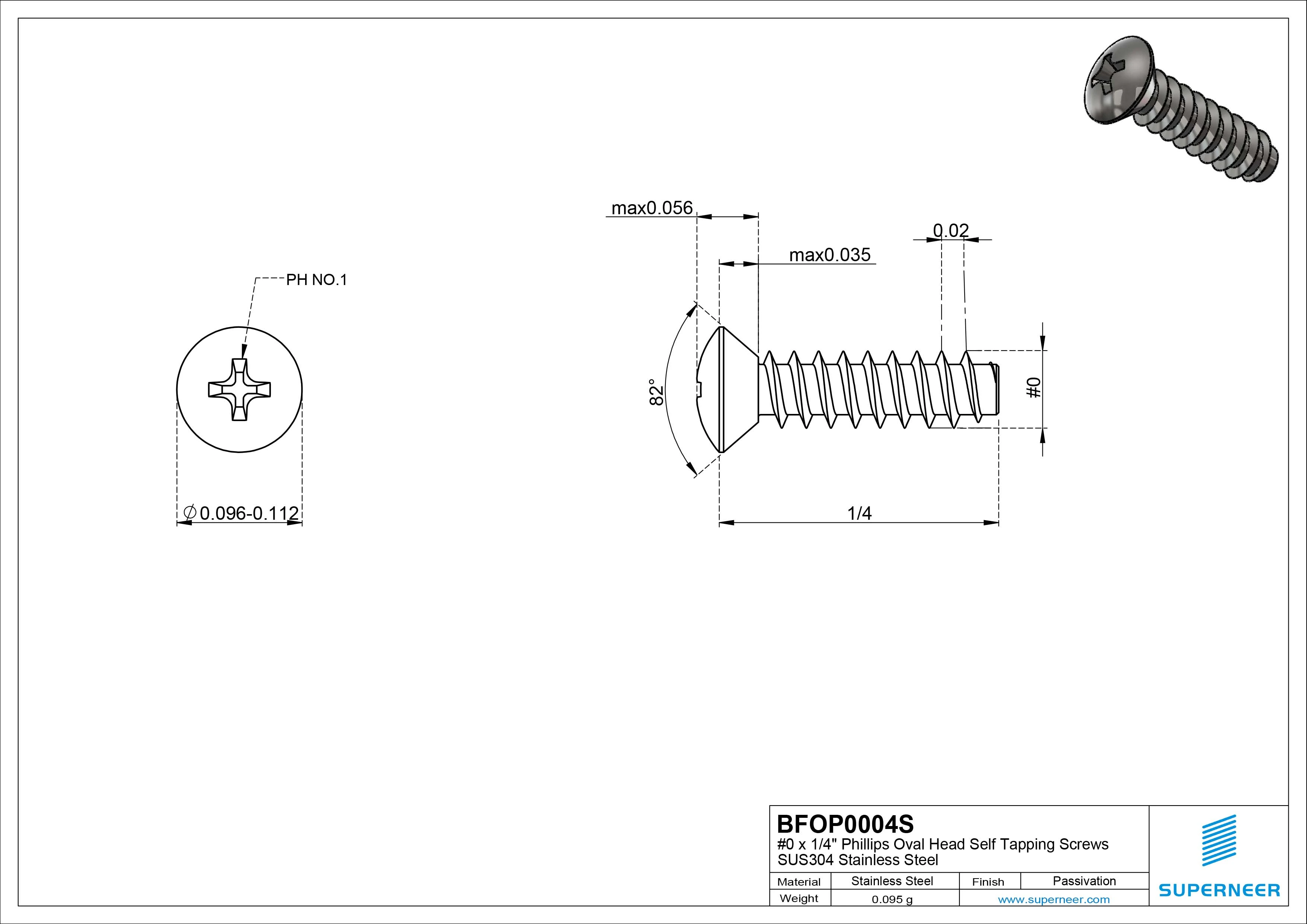 0 x 1/4" Phillips Oval Head Self Tapping Screws SUS304 Stainless Steel Inox