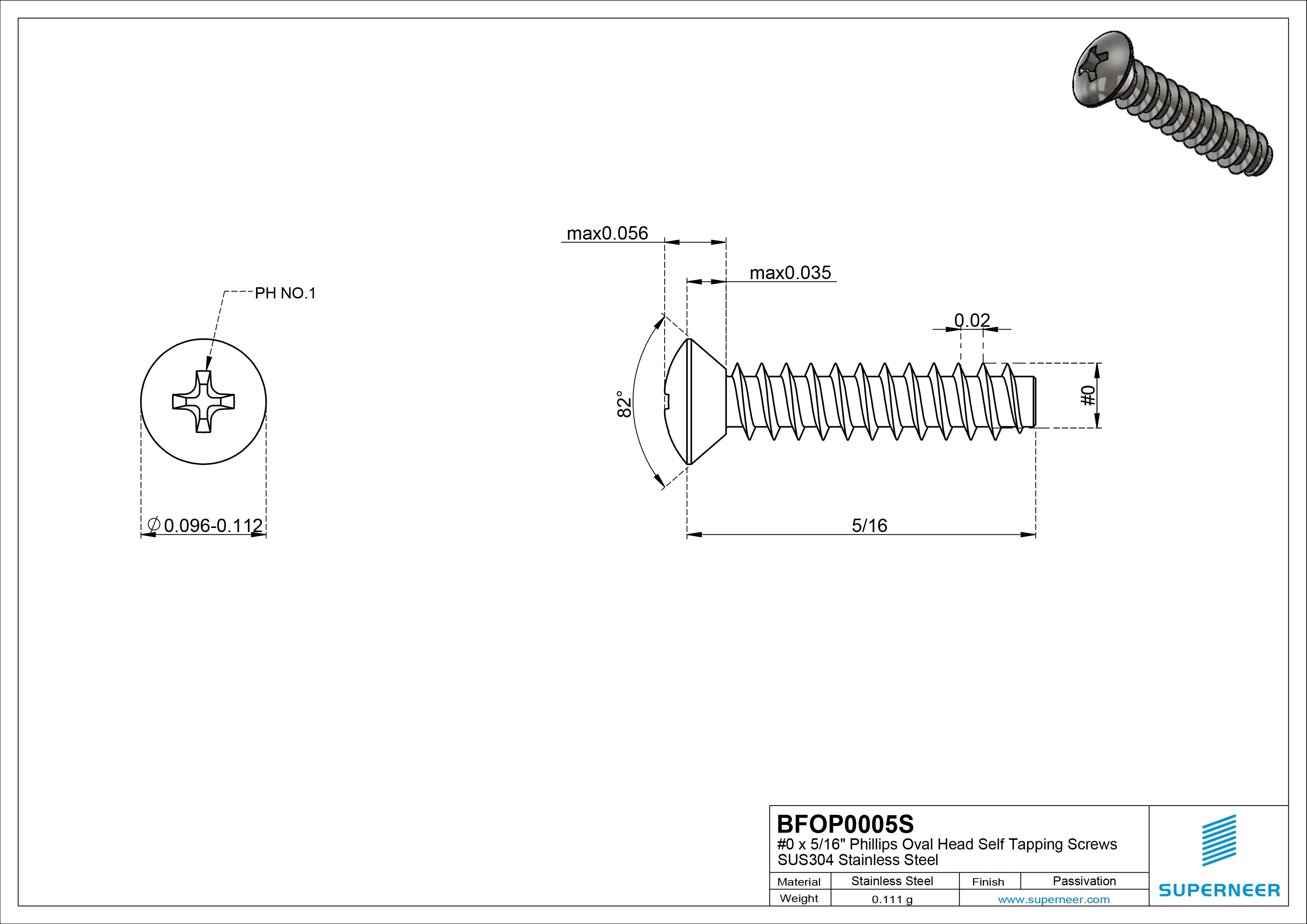 0 x 5/16" Phillips Oval Head Self Tapping Screws SUS304 Stainless Steel Inox