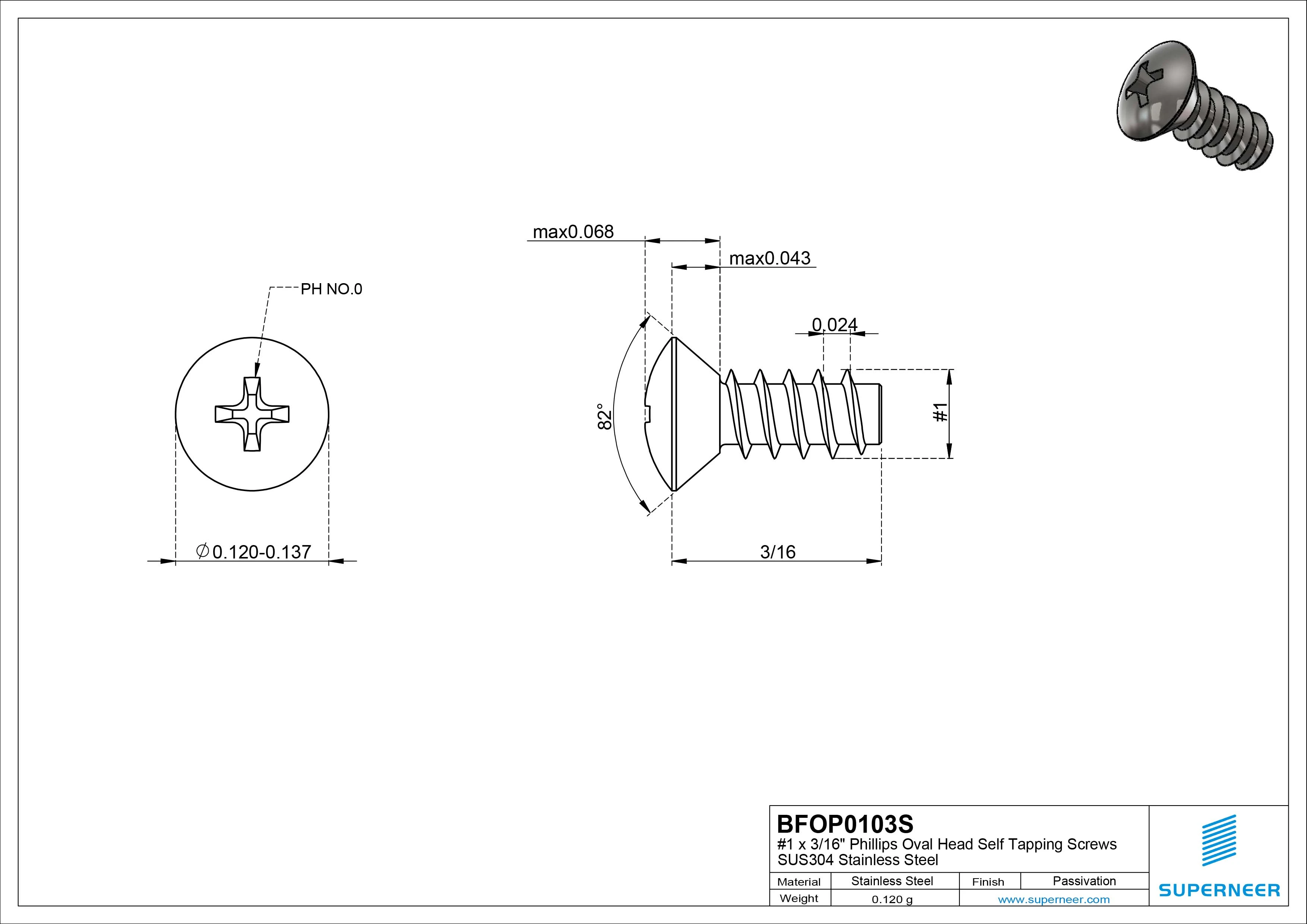 1 x 3/16" Phillips Oval Head Self Tapping Screws SUS304 Stainless Steel Inox