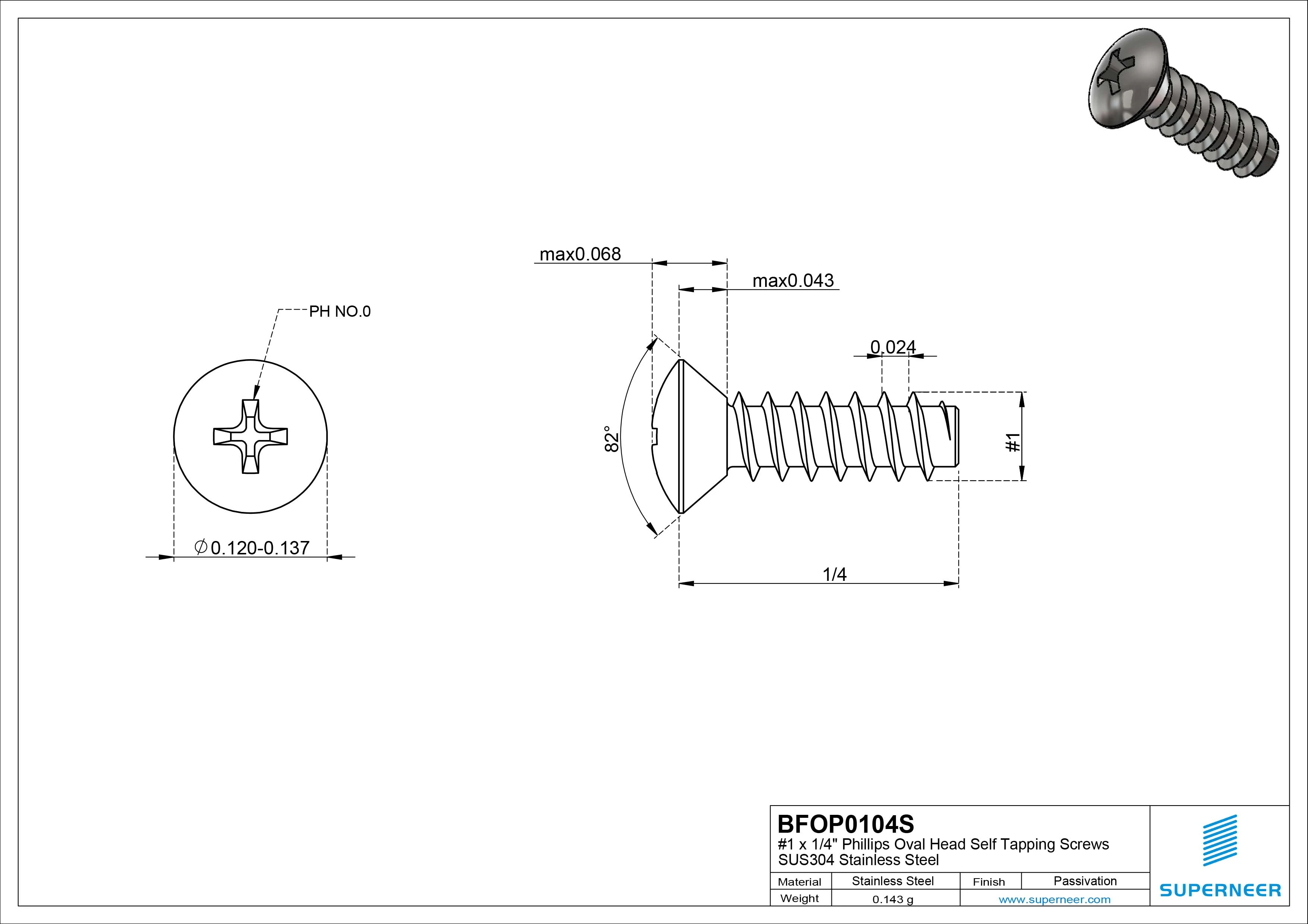 1 x 1/4" Phillips Oval Head Self Tapping Screws SUS304 Stainless Steel Inox