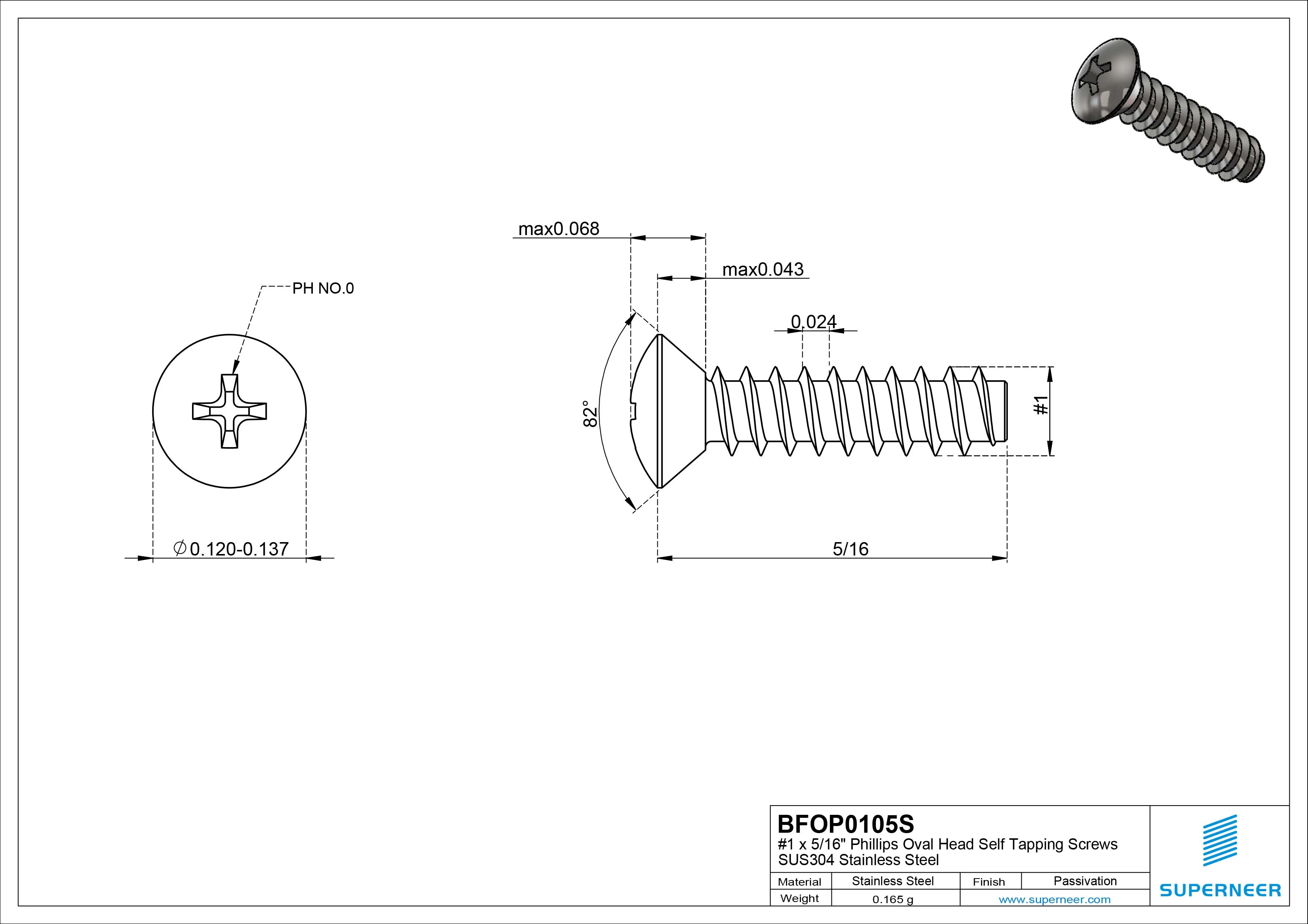 1 x 5/16" Phillips Oval Head Self Tapping Screws SUS304 Stainless Steel Inox