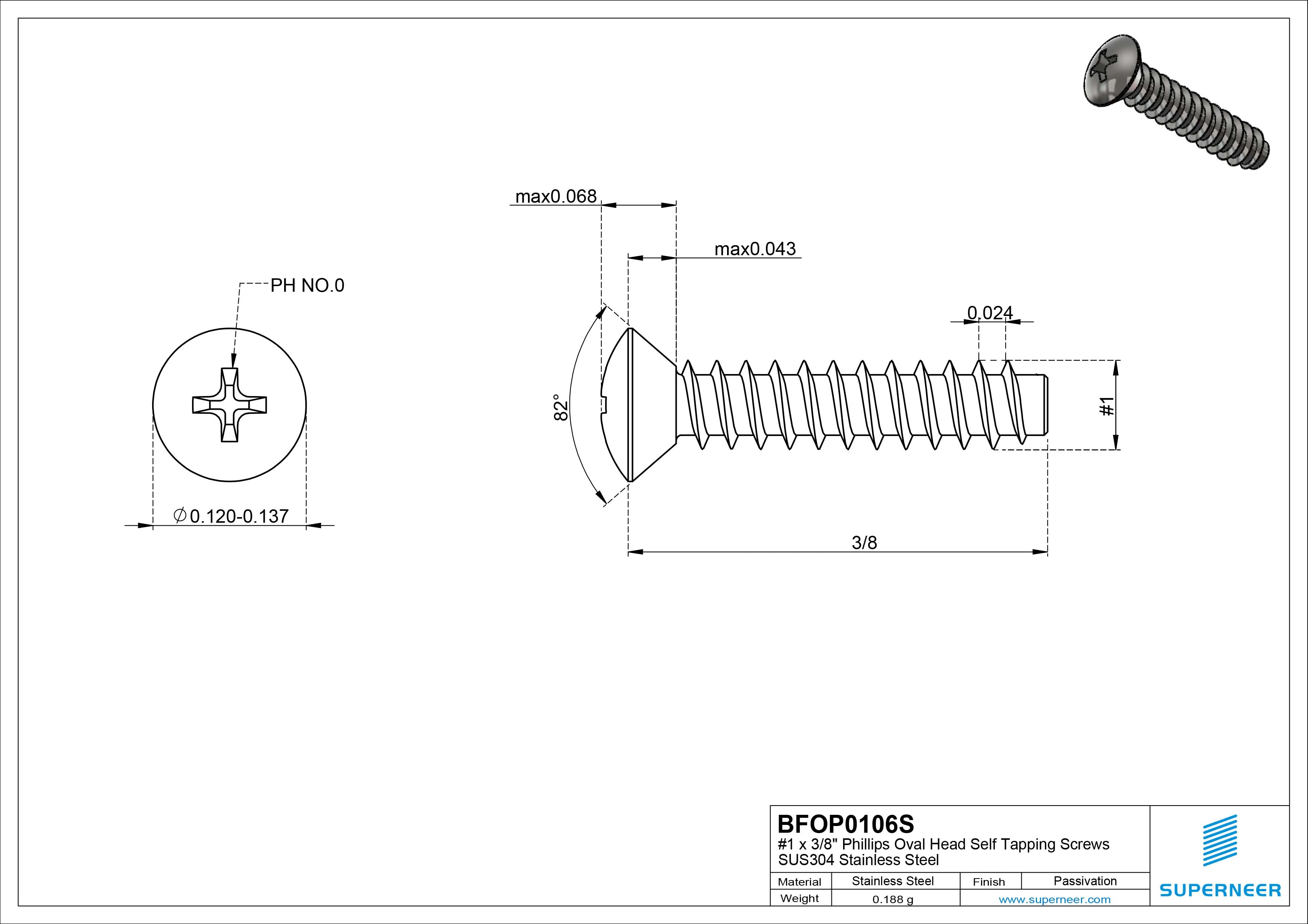 1 x 3/8" Phillips Oval Head Self Tapping Screws SUS304 Stainless Steel Inox