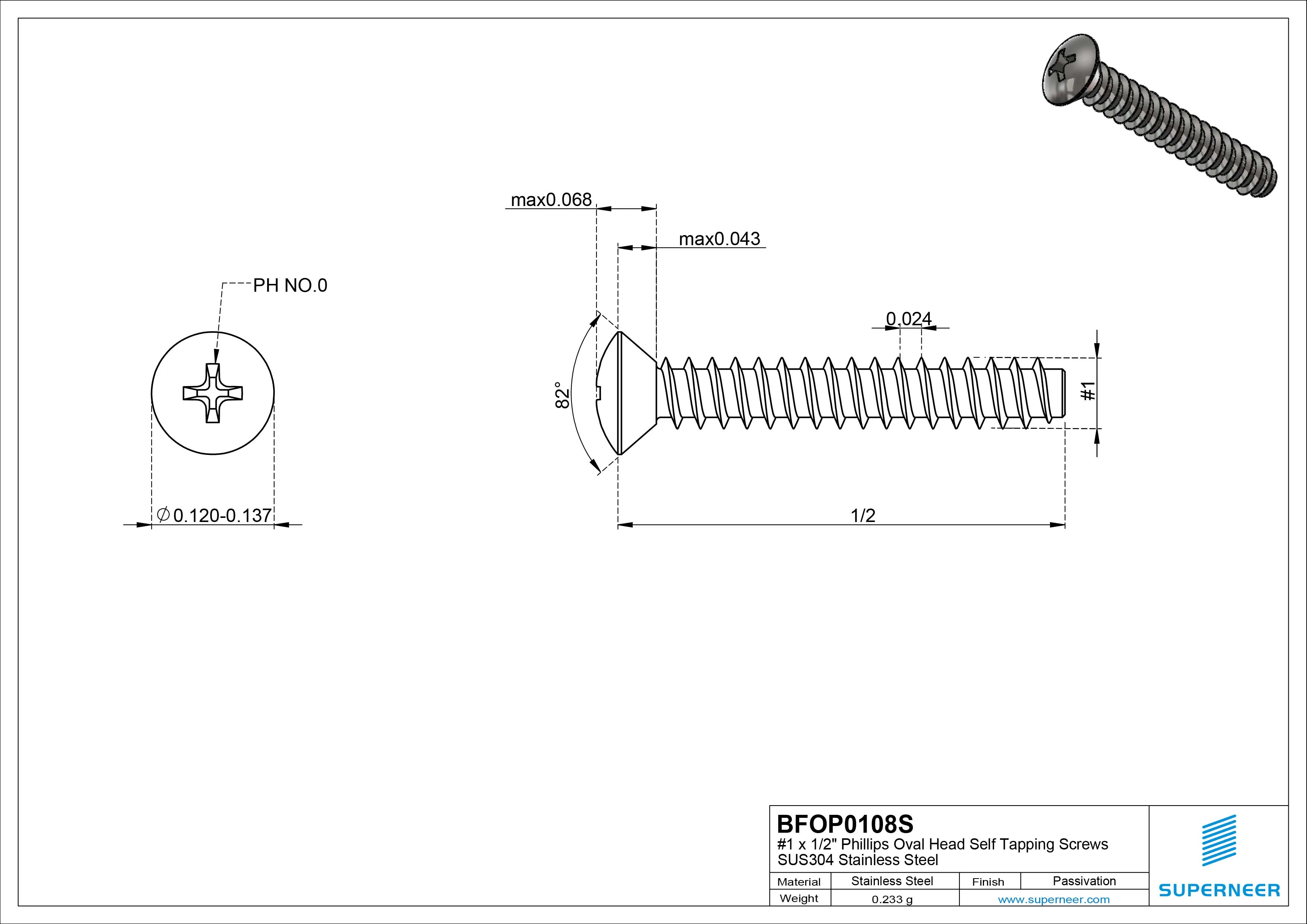 1 x 1/2" Phillips Oval Head Self Tapping Screws SUS304 Stainless Steel Inox