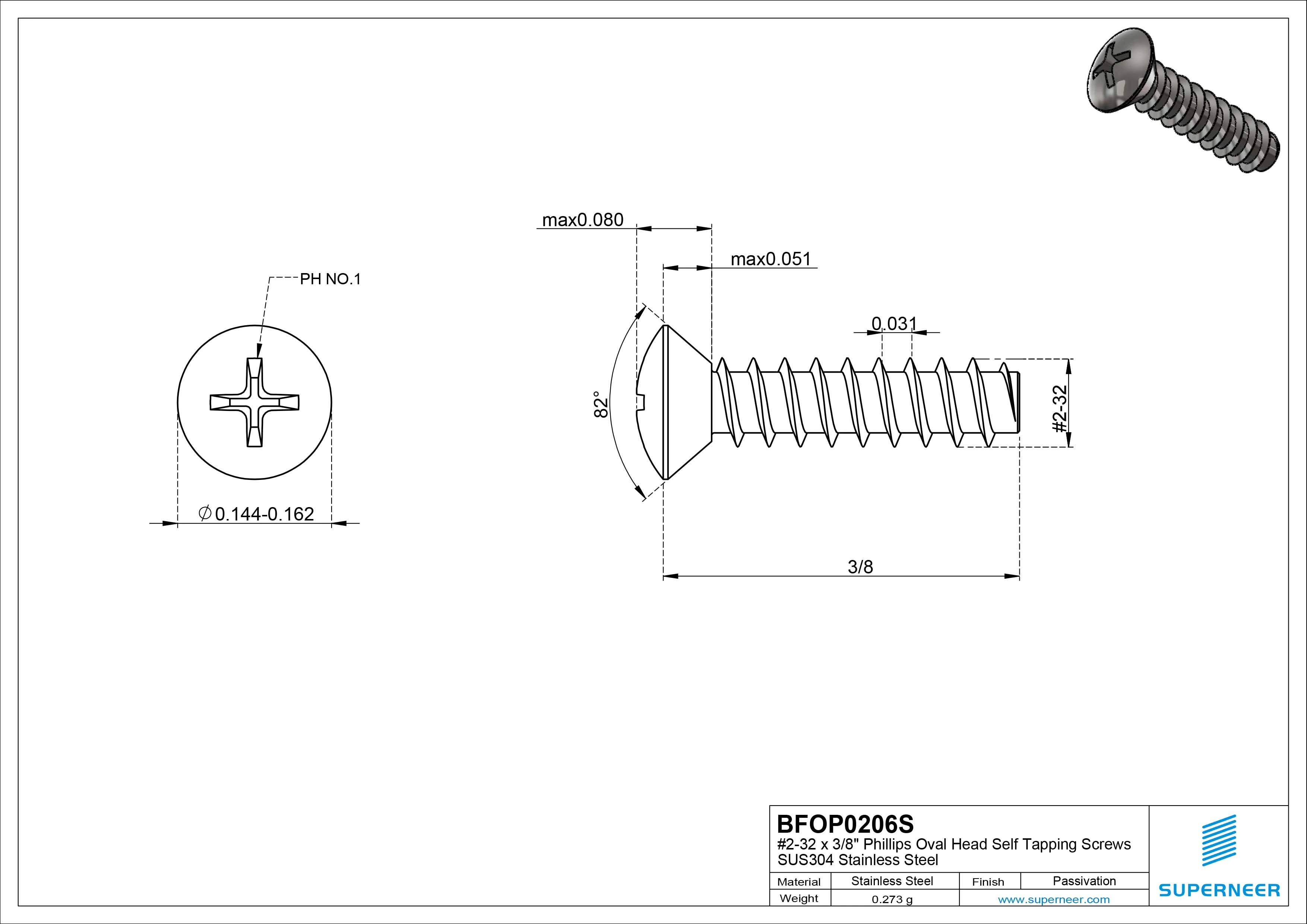 2-32 x 3/8" Phillips Oval Head Self Tapping Screws SUS304 Stainless Steel Inox