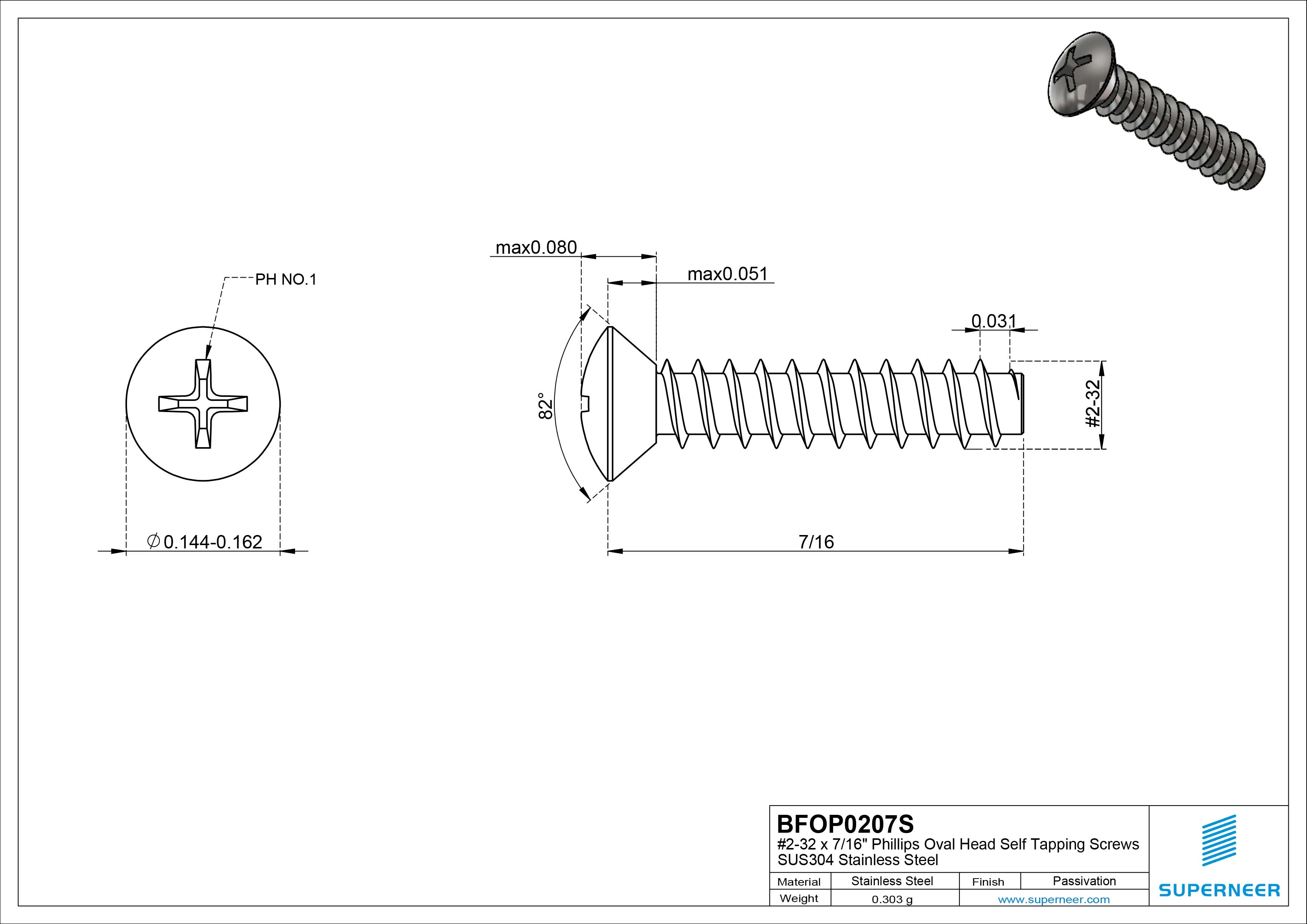 2-32 x 7/16" Phillips Oval Head Self Tapping Screws SUS304 Stainless Steel Inox