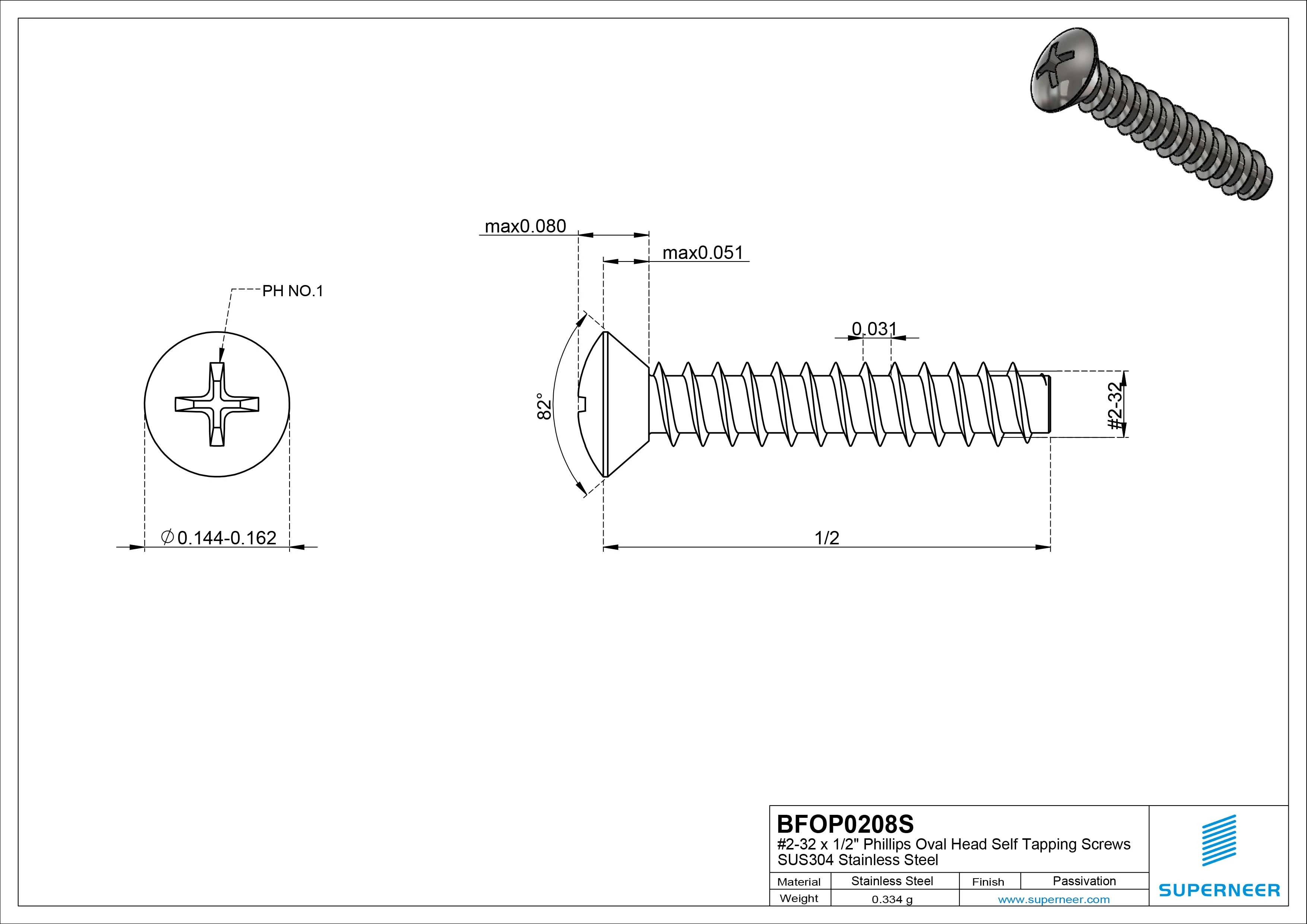 2-32 x 1/2" Phillips Oval Head Self Tapping Screws SUS304 Stainless Steel Inox