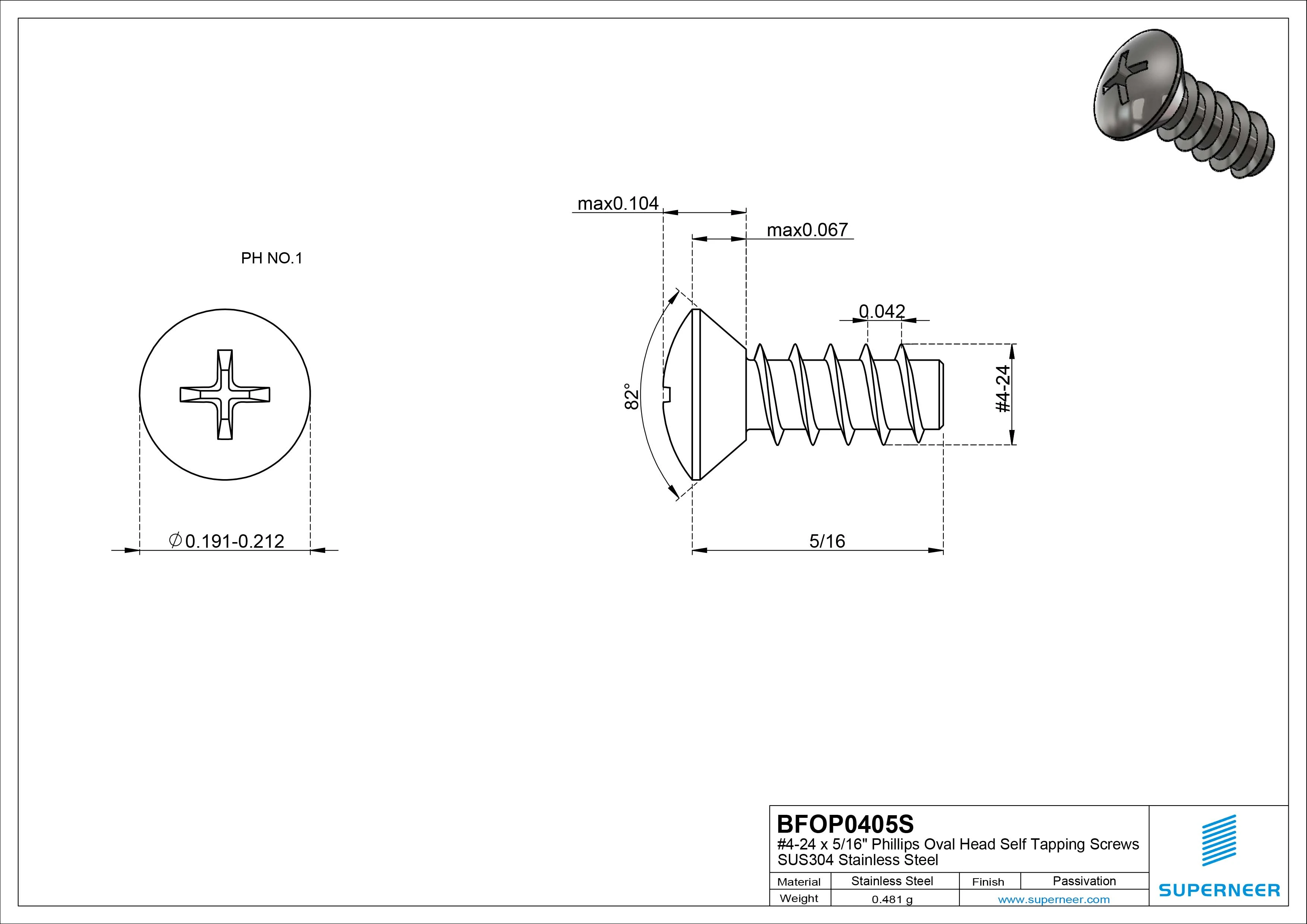 4-24 x 5/16" Phillips Oval Head Self Tapping Screws SUS304 Stainless Steel Inox