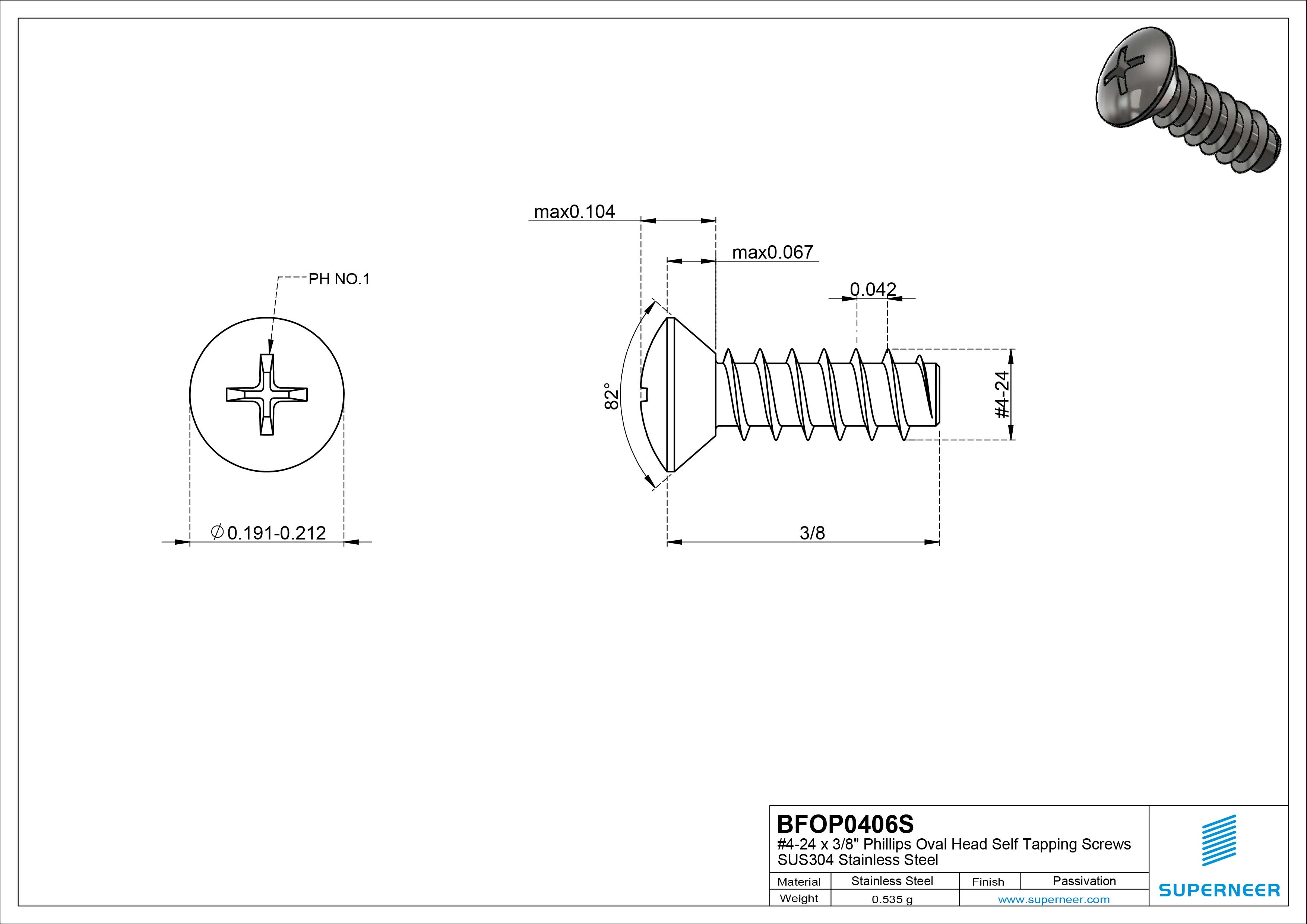 4-24 x 3/8" Phillips Oval Head Self Tapping Screws SUS304 Stainless Steel Inox