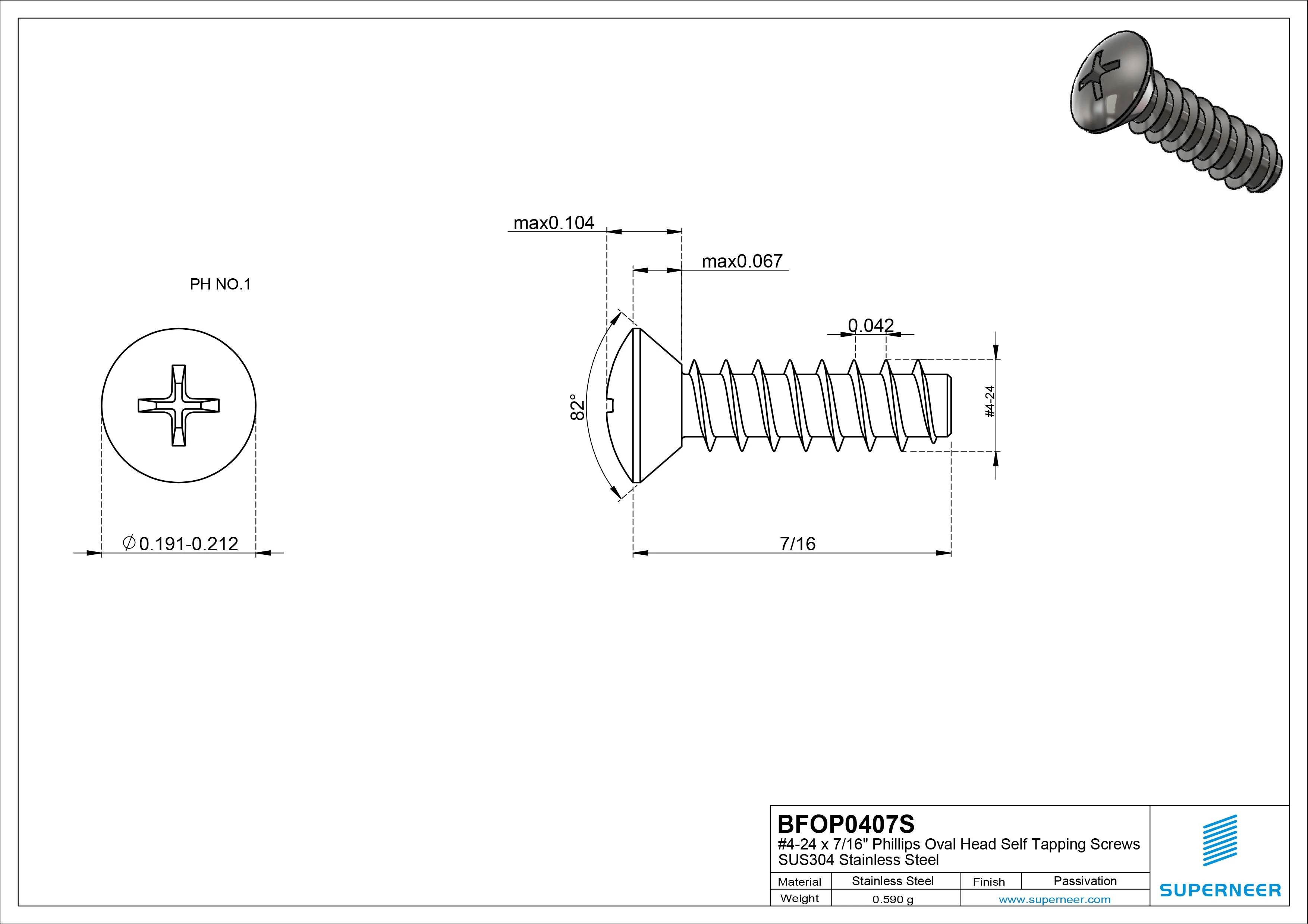 4-24 x 7/16" Phillips Oval Head Self Tapping Screws SUS304 Stainless Steel Inox