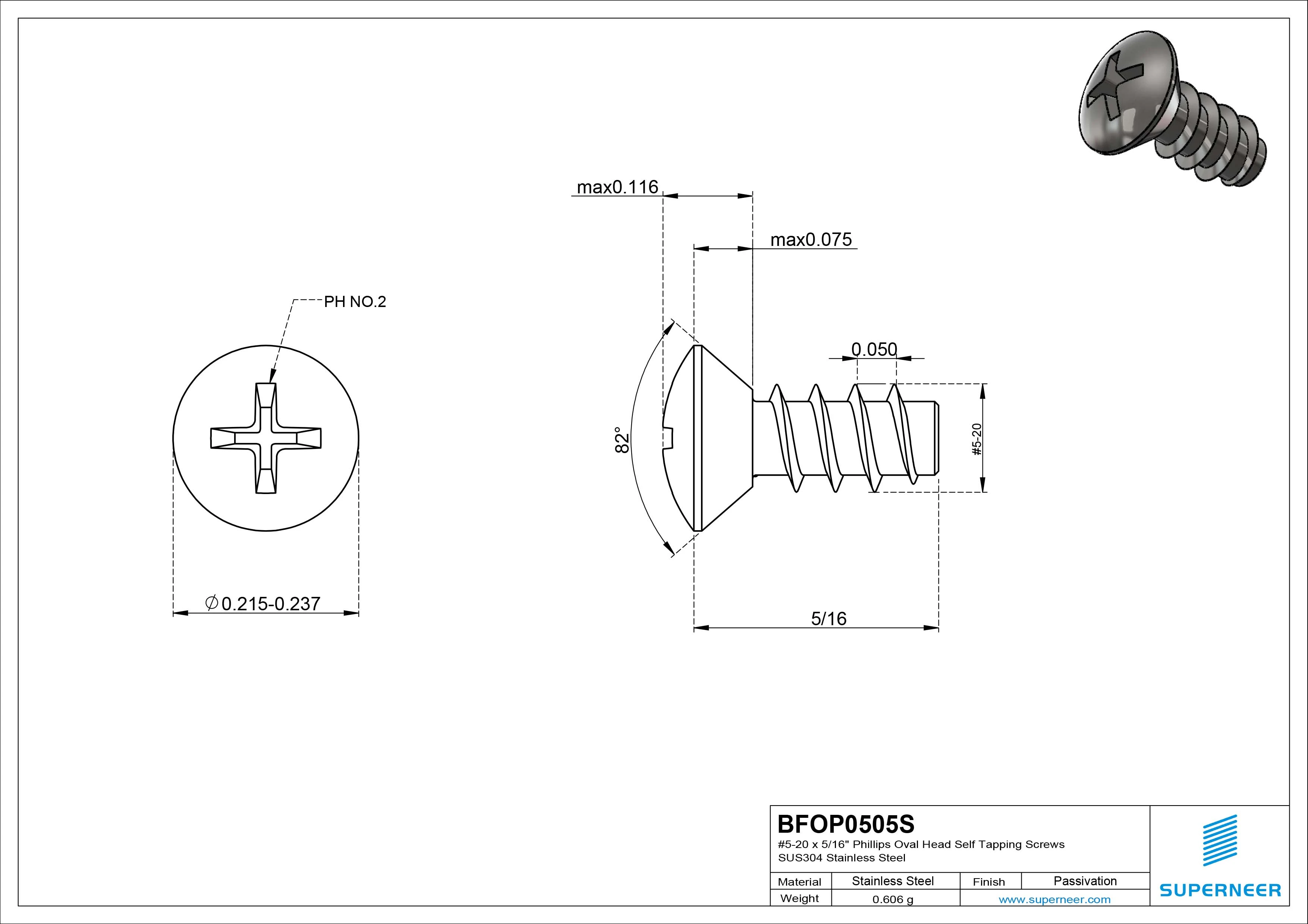 5-20 x 5/16" Phillips Oval Head Self Tapping Screws SUS304 Stainless Steel Inox