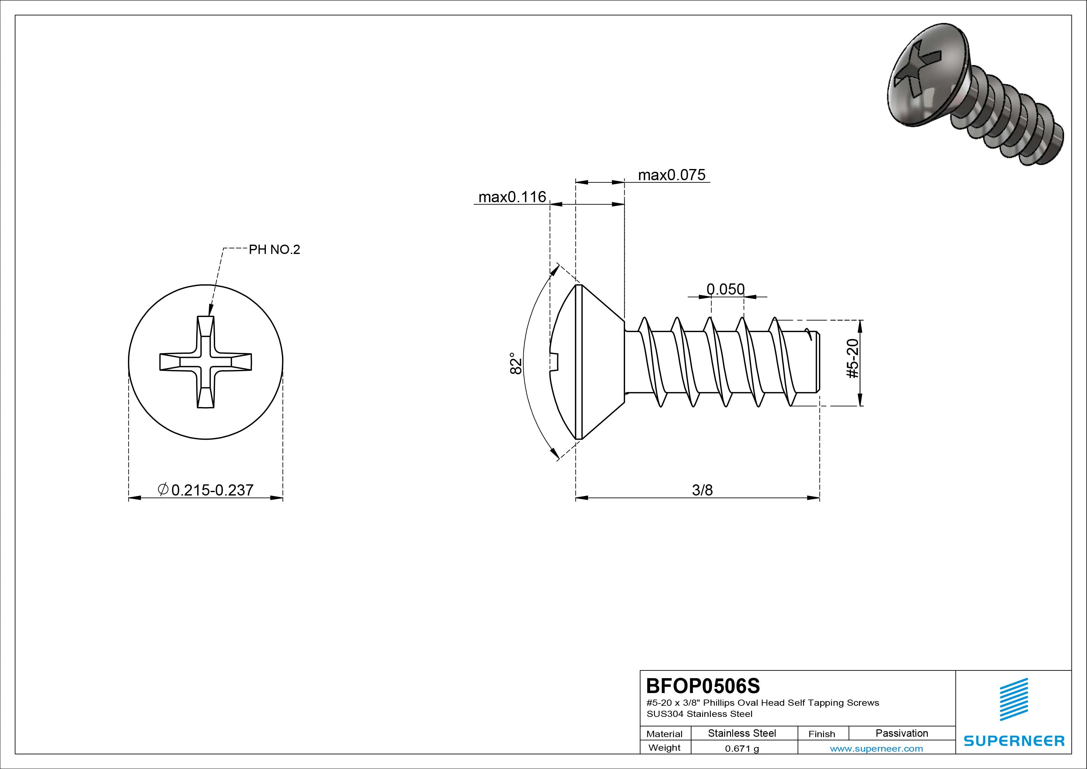 5-20 x 3/8" Phillips Oval Head Self Tapping Screws SUS304 Stainless Steel Inox