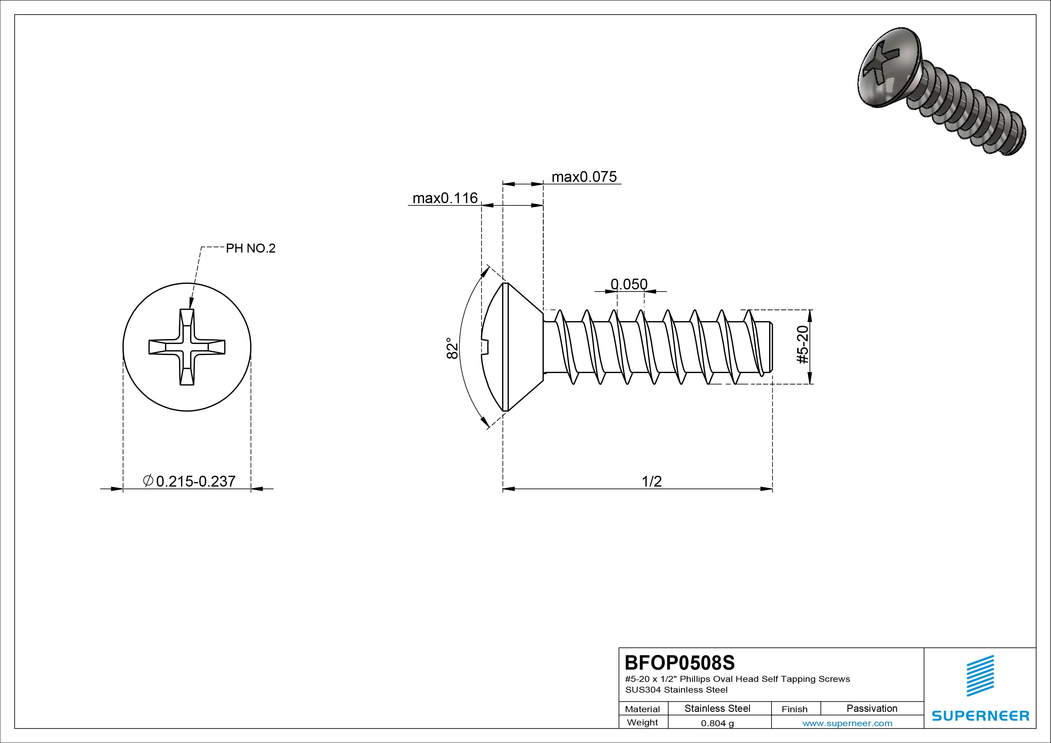 5-20 x 1/2" Phillips Oval Head Self Tapping Screws SUS304 Stainless Steel Inox