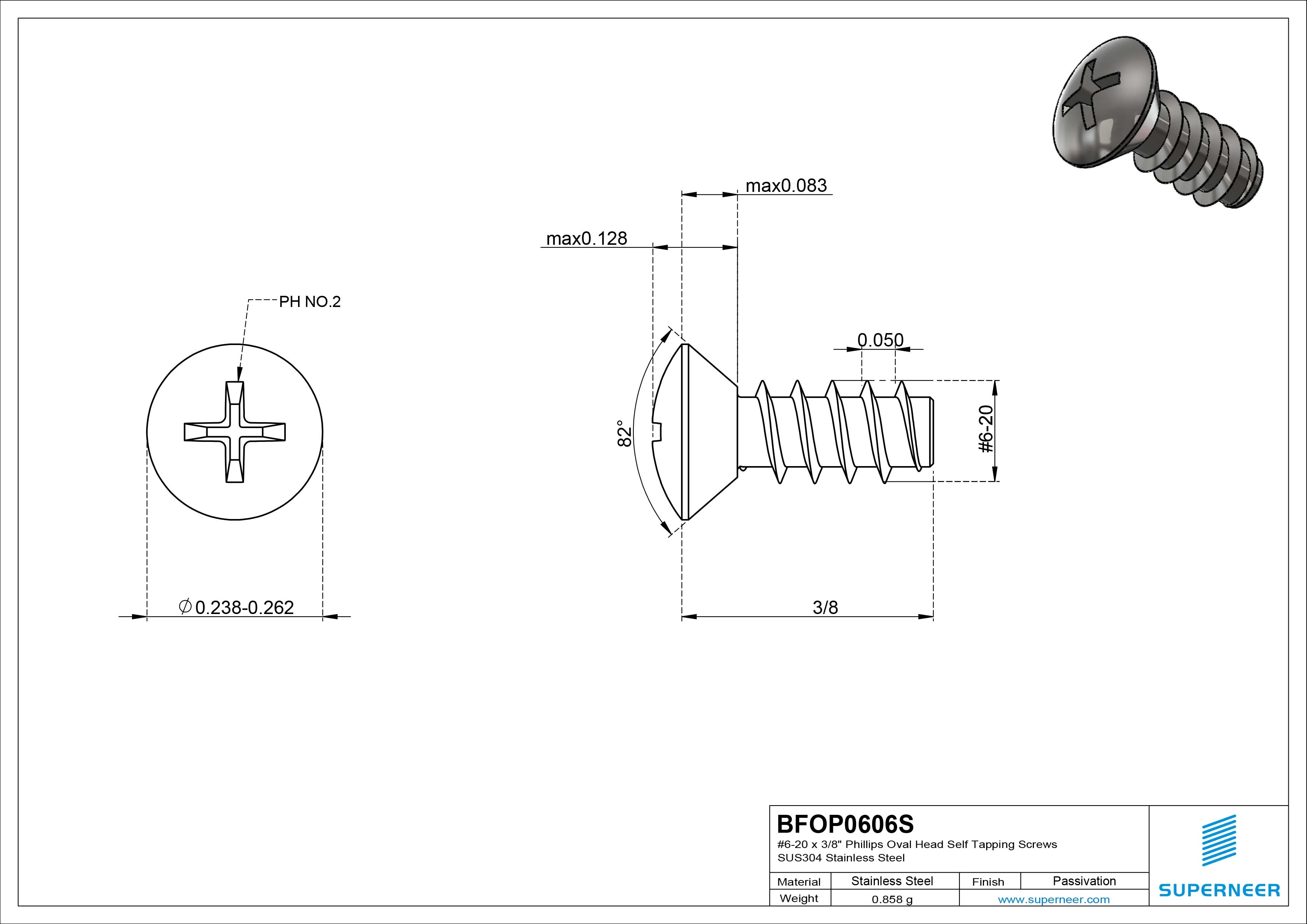 6-20 x 3/8" Phillips Oval Head Self Tapping Screws SUS304 Stainless Steel Inox