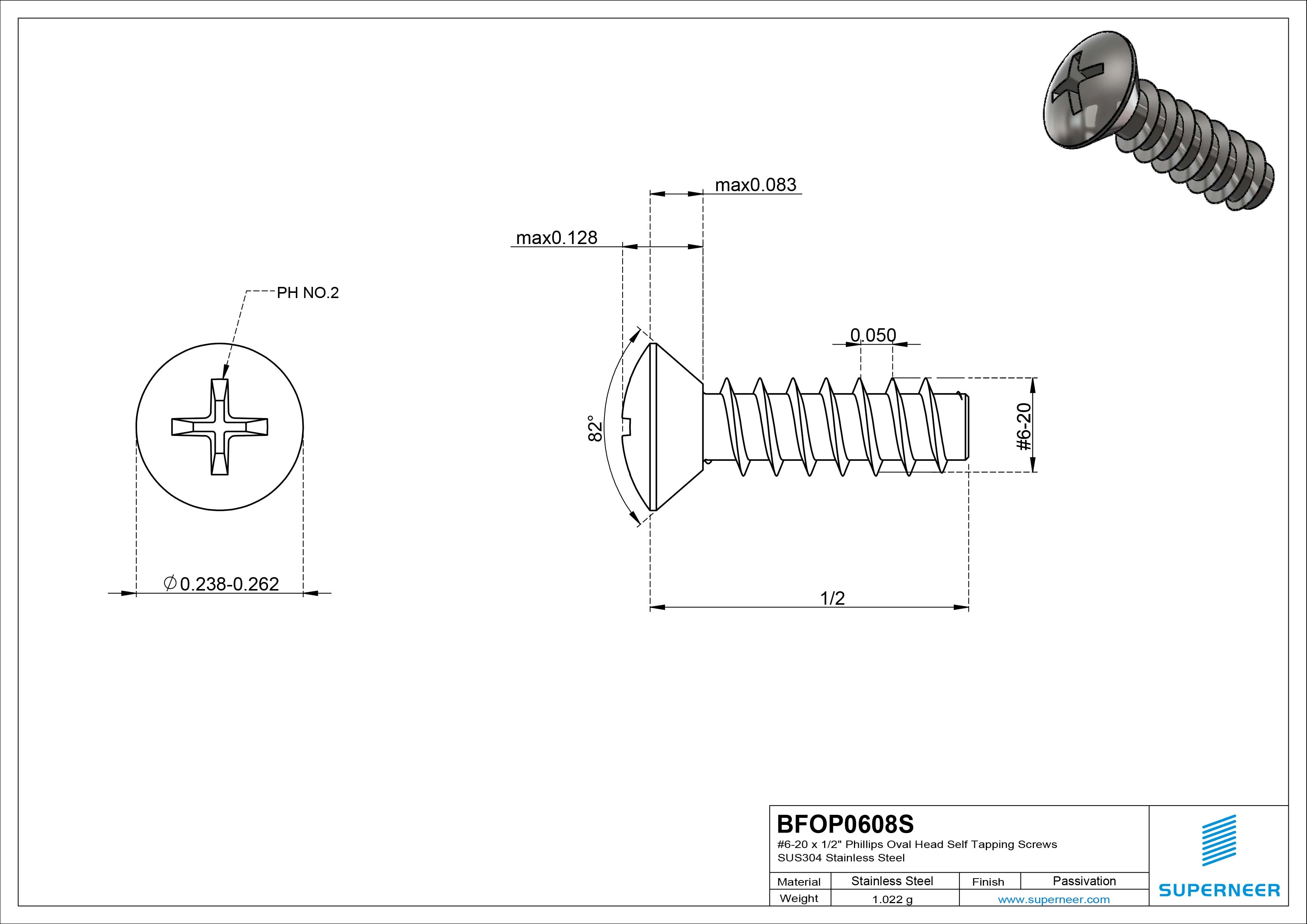 6-20 x 1/2" Phillips Oval Head Self Tapping Screws SUS304 Stainless Steel Inox