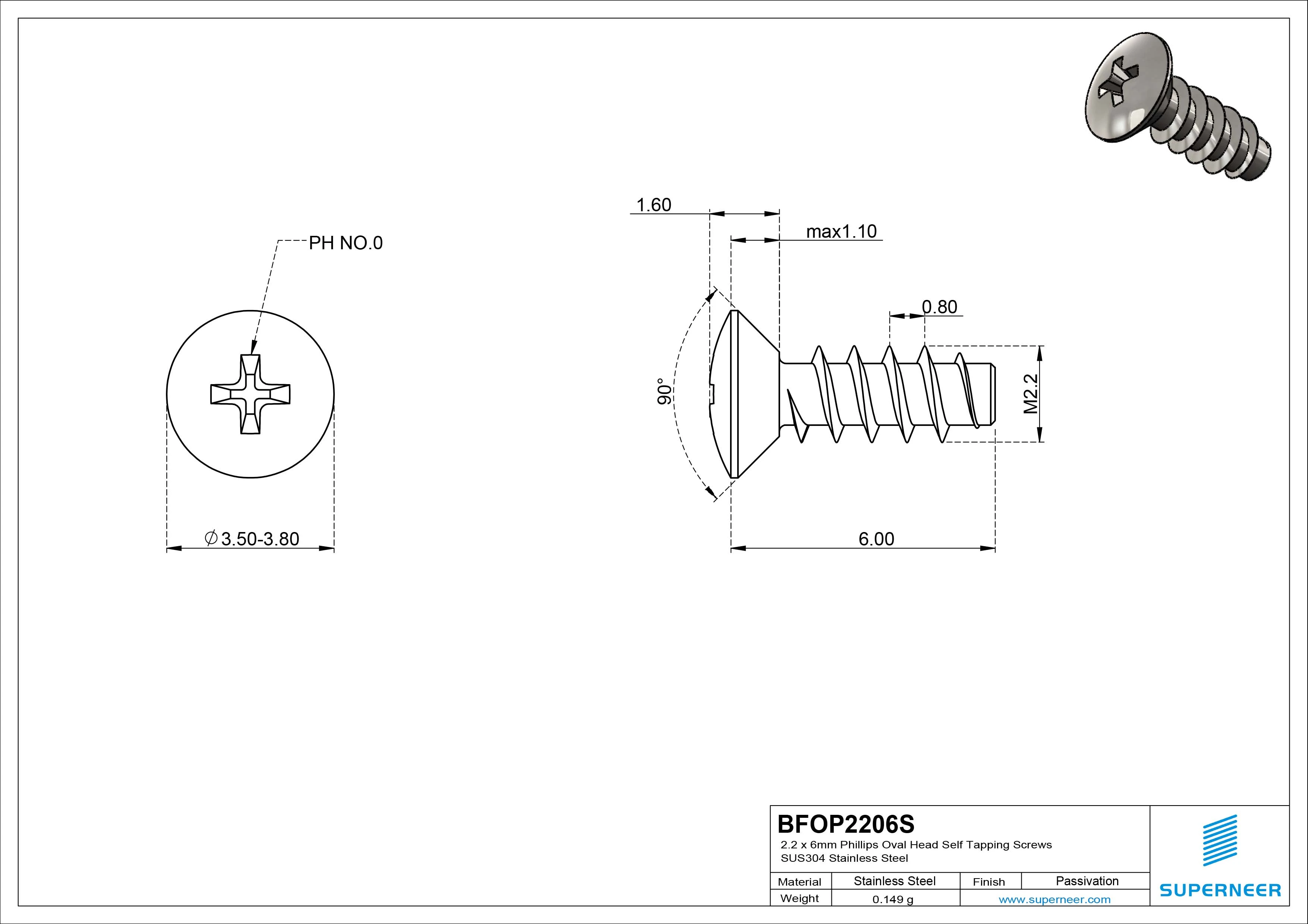 2.2 x 6mm Phillips Oval Head Self Tapping Screws SUS304 Stainless Steel Inox