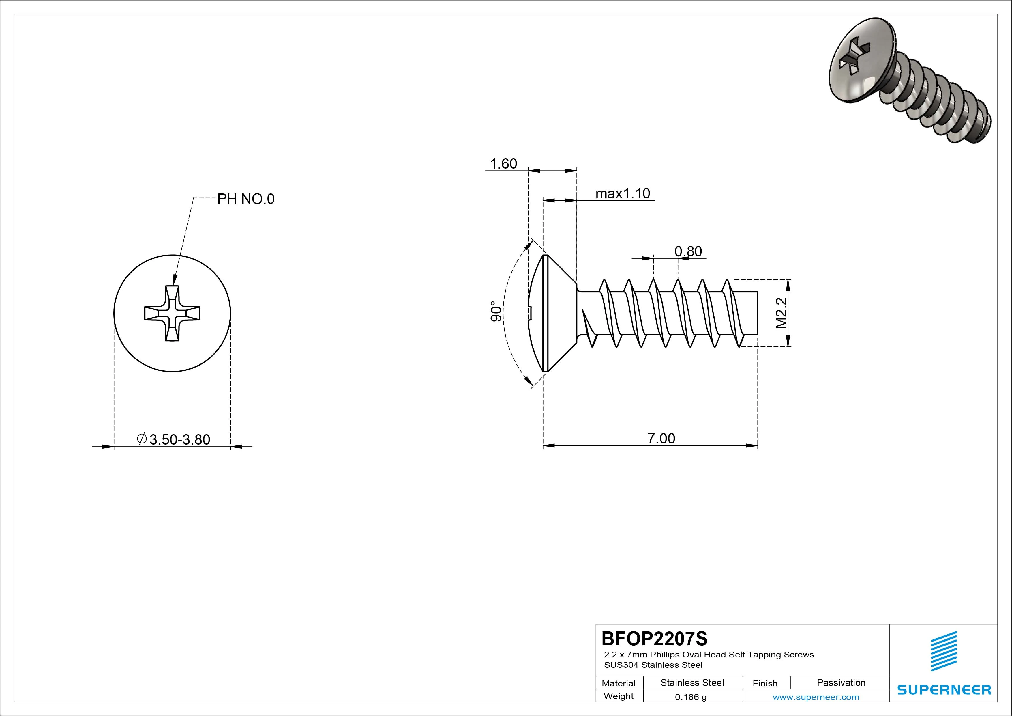 2.2 x 7mm Phillips Oval Head Self Tapping Screws SUS304 Stainless Steel Inox